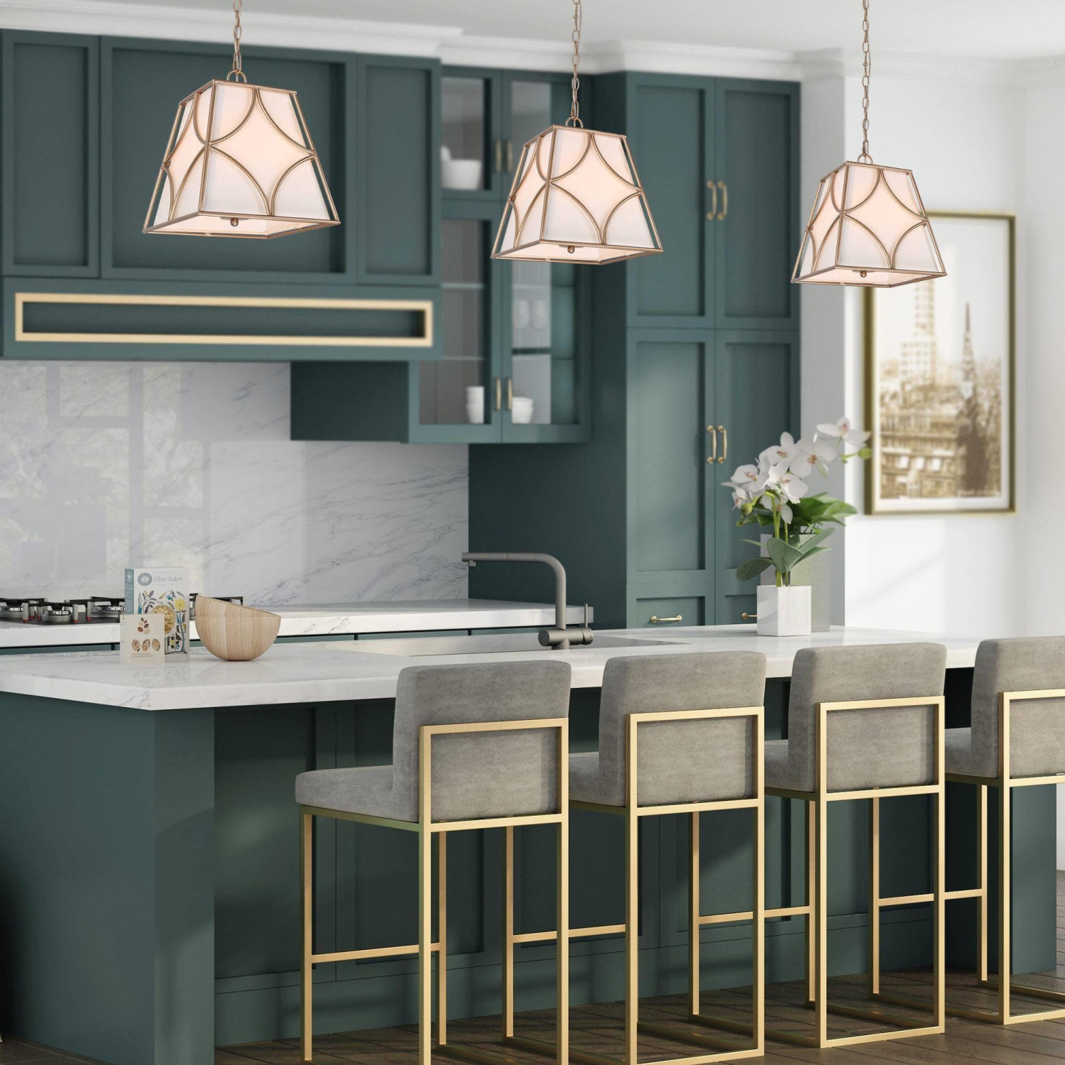 Farmhouse Gold Pendant Light, 4-Light Modern Gold Kitchen Island Chandelier with Fabric Shade