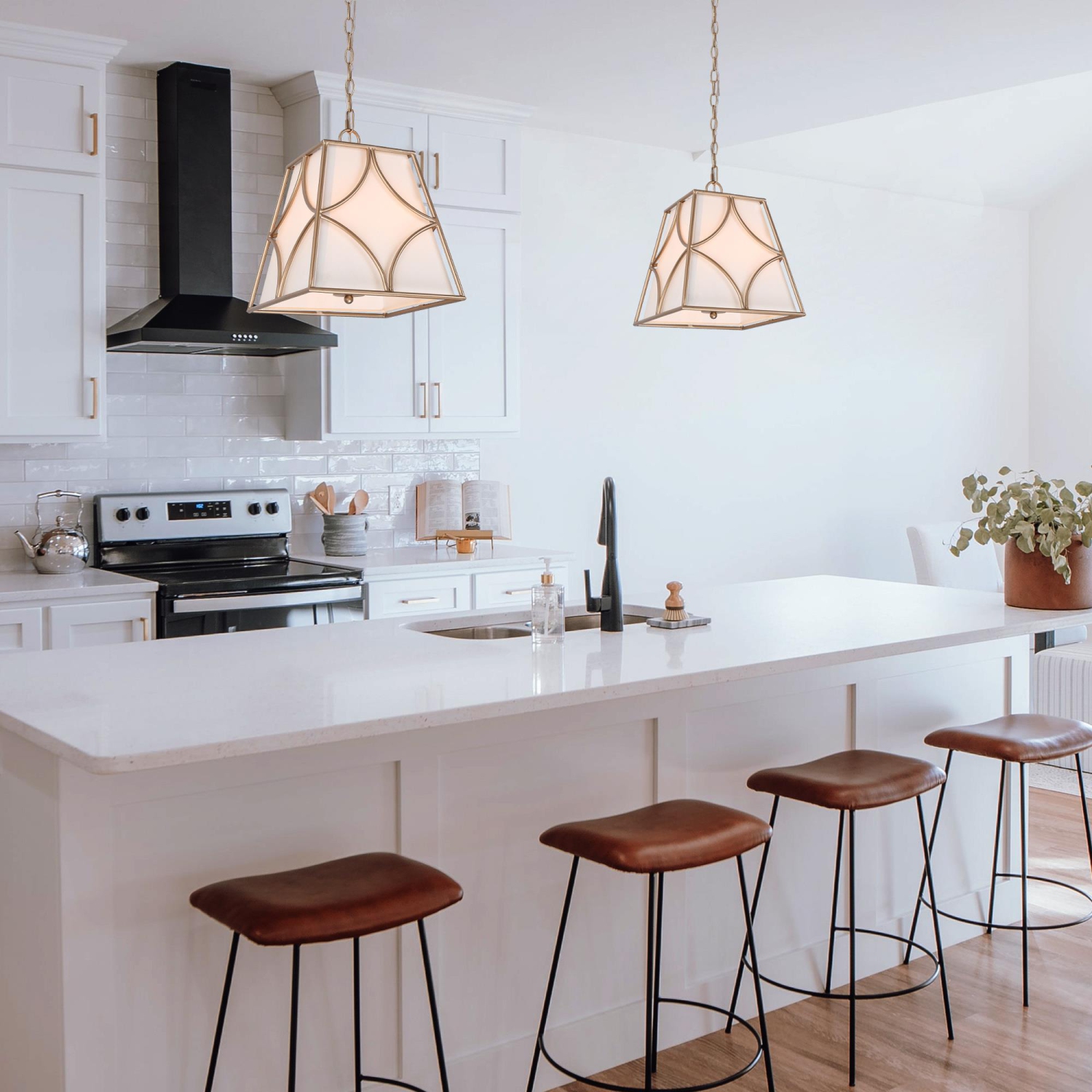 Farmhouse Gold Pendant Light, 4-Light Modern Gold Kitchen Island Chandelier with Fabric Shade