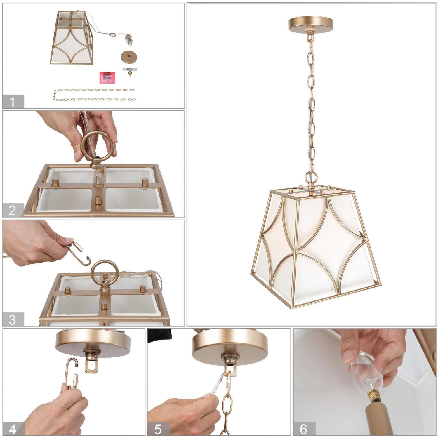 Farmhouse Gold Pendant Light, 4-Light Modern Gold Kitchen Island Chandelier with Fabric Shade