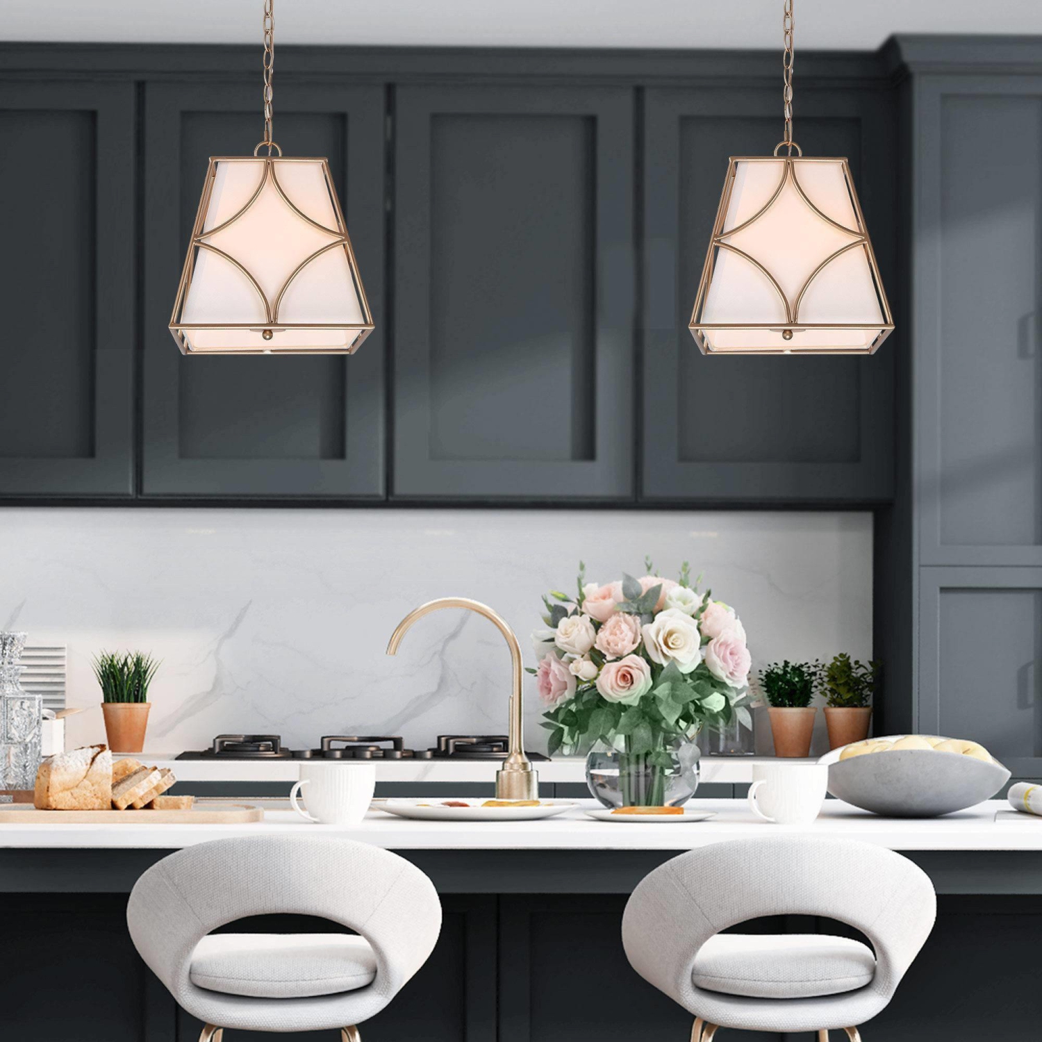 Farmhouse Gold Pendant Light, 4-Light Modern Gold Kitchen Island Chandelier with Fabric Shade