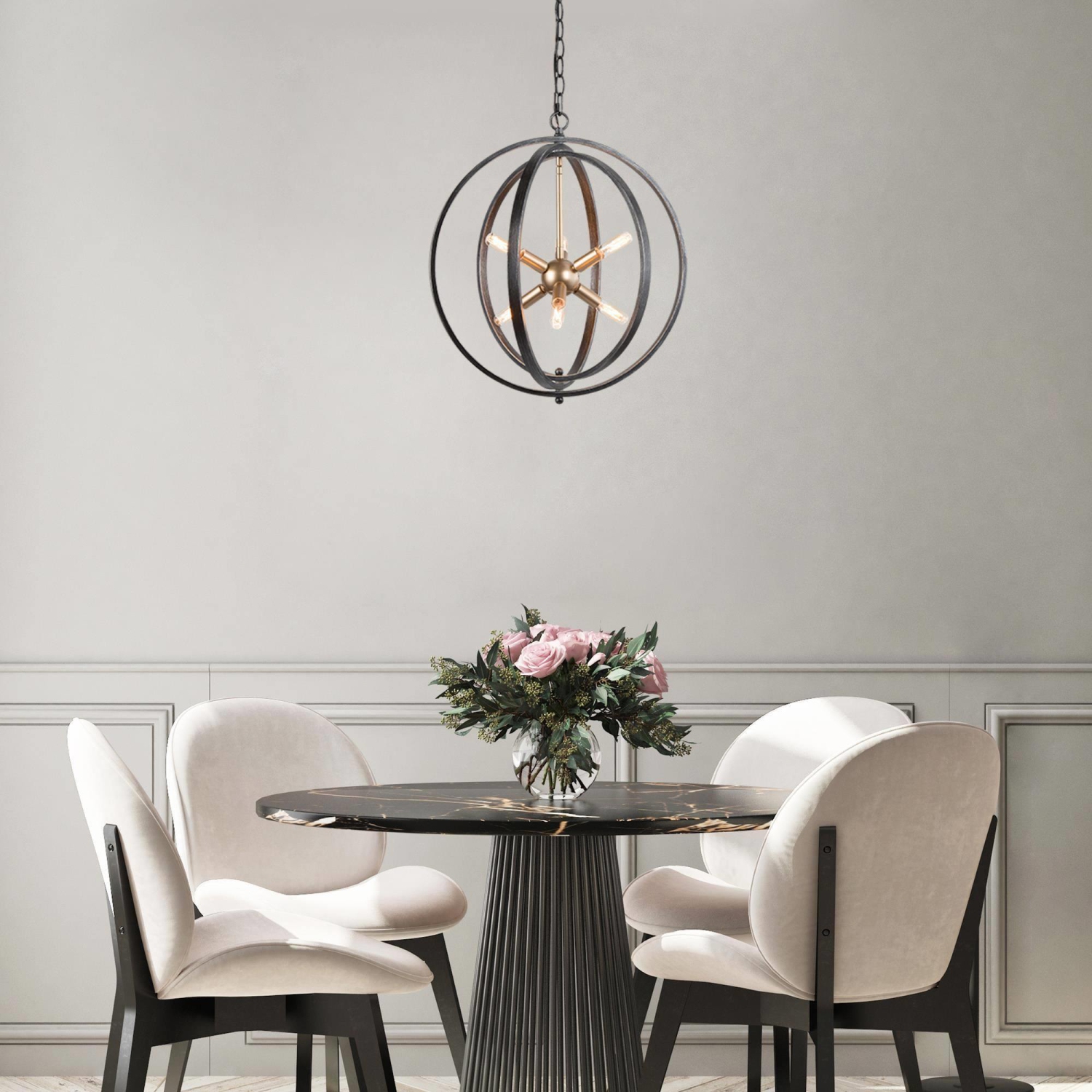 Modern Farmhouse Globe Dining Room Chandelier, 6-Light Circle Brushed Black Chandelier Light