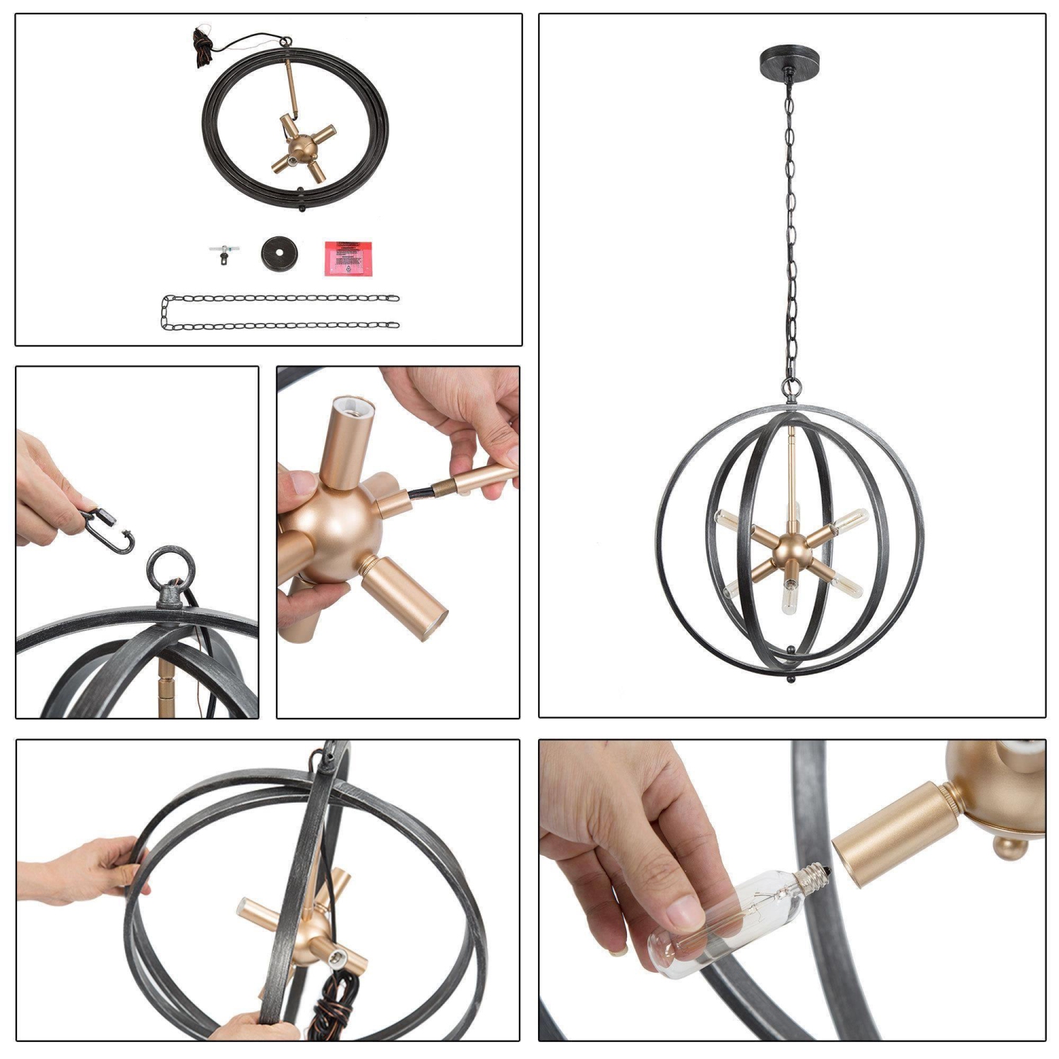 Modern Farmhouse Globe Dining Room Chandelier, 6-Light Circle Brushed Black Chandelier Light