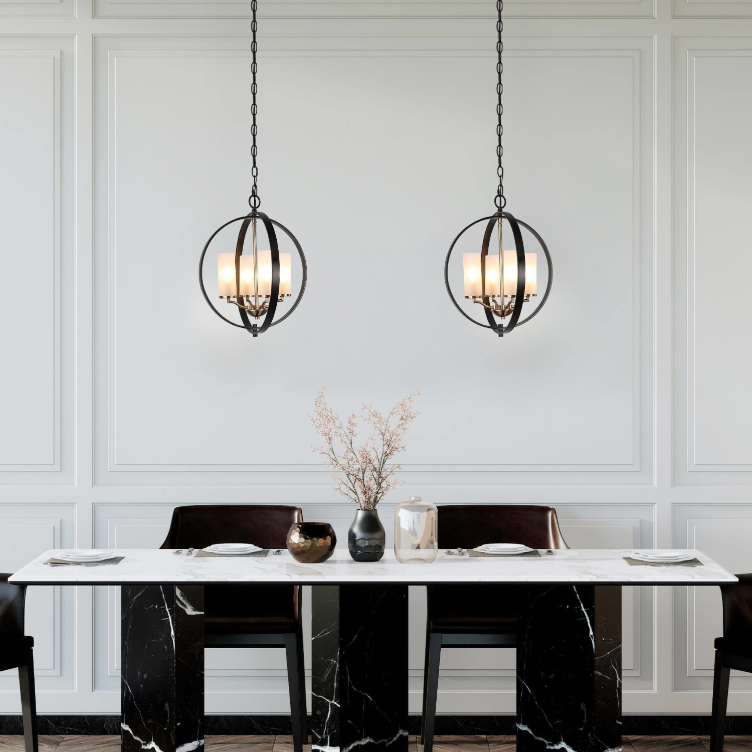 Modern Globe Chandelier Light 4-Light Matte Black & Electroplate Brass Modern Circle Chandelier with Candlestick Design