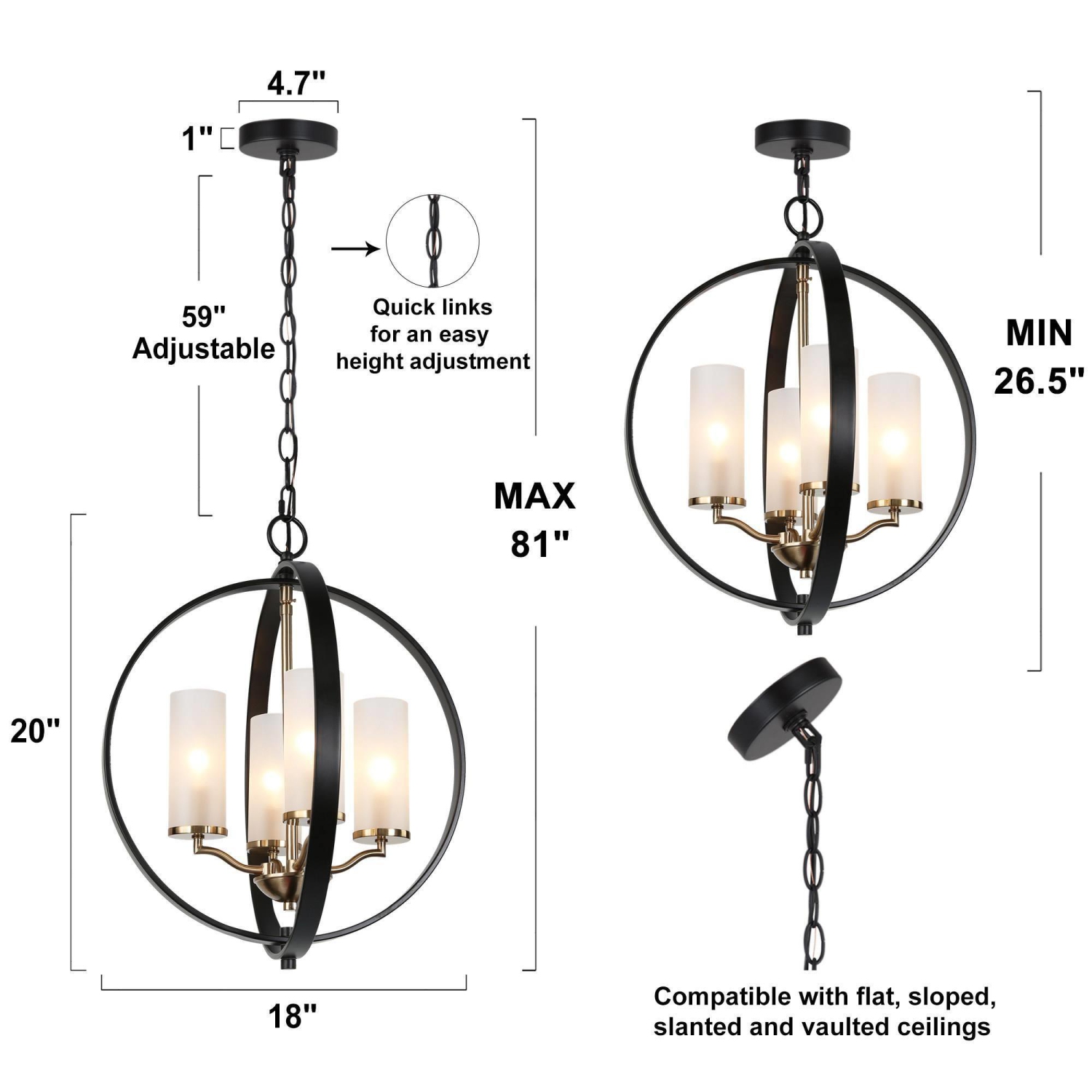 Modern Globe Chandelier Light 4-Light Matte Black & Electroplate Brass Modern Circle Chandelier with Candlestick Design