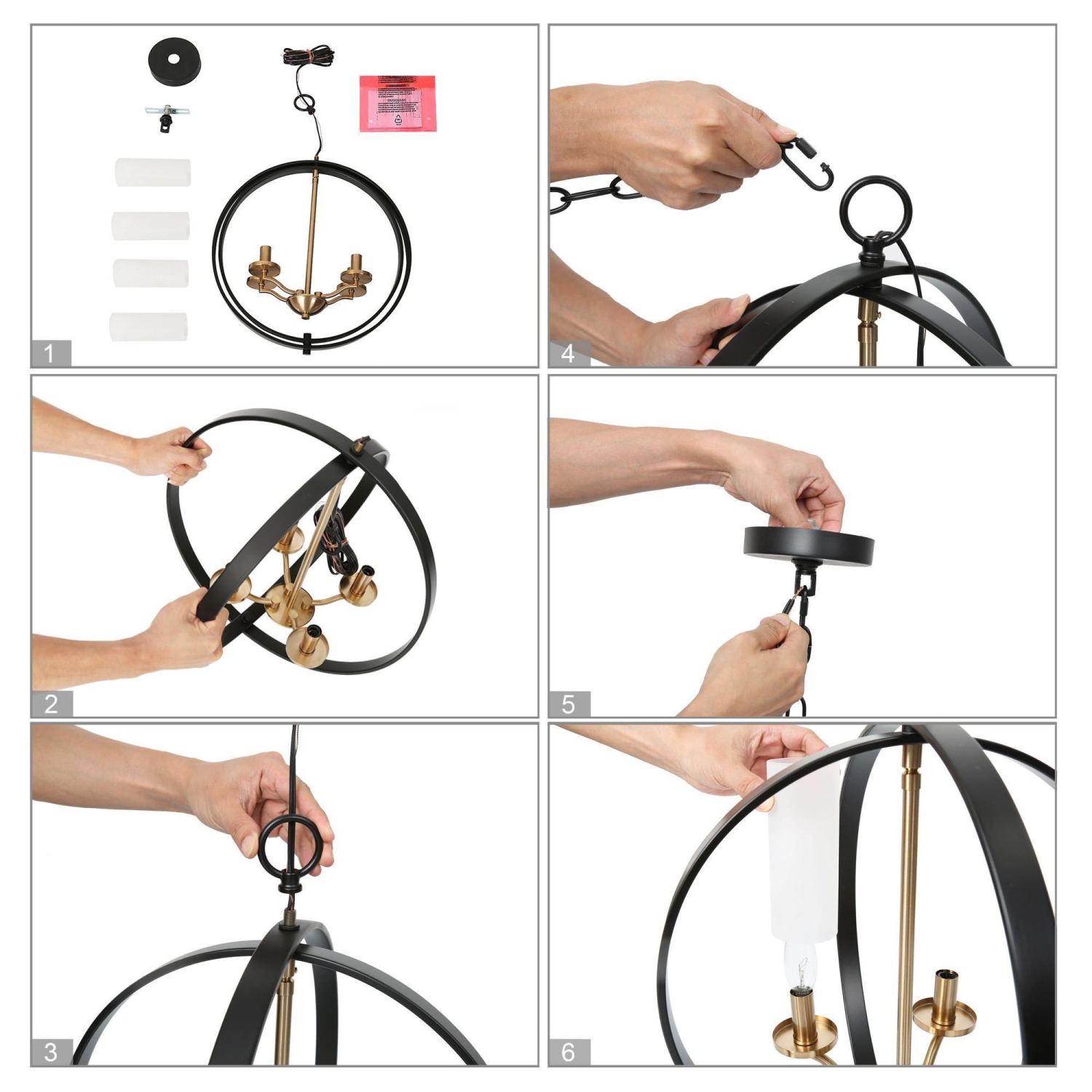 Modern Globe Chandelier Light 4-Light Matte Black & Electroplate Brass Modern Circle Chandelier with Candlestick Design