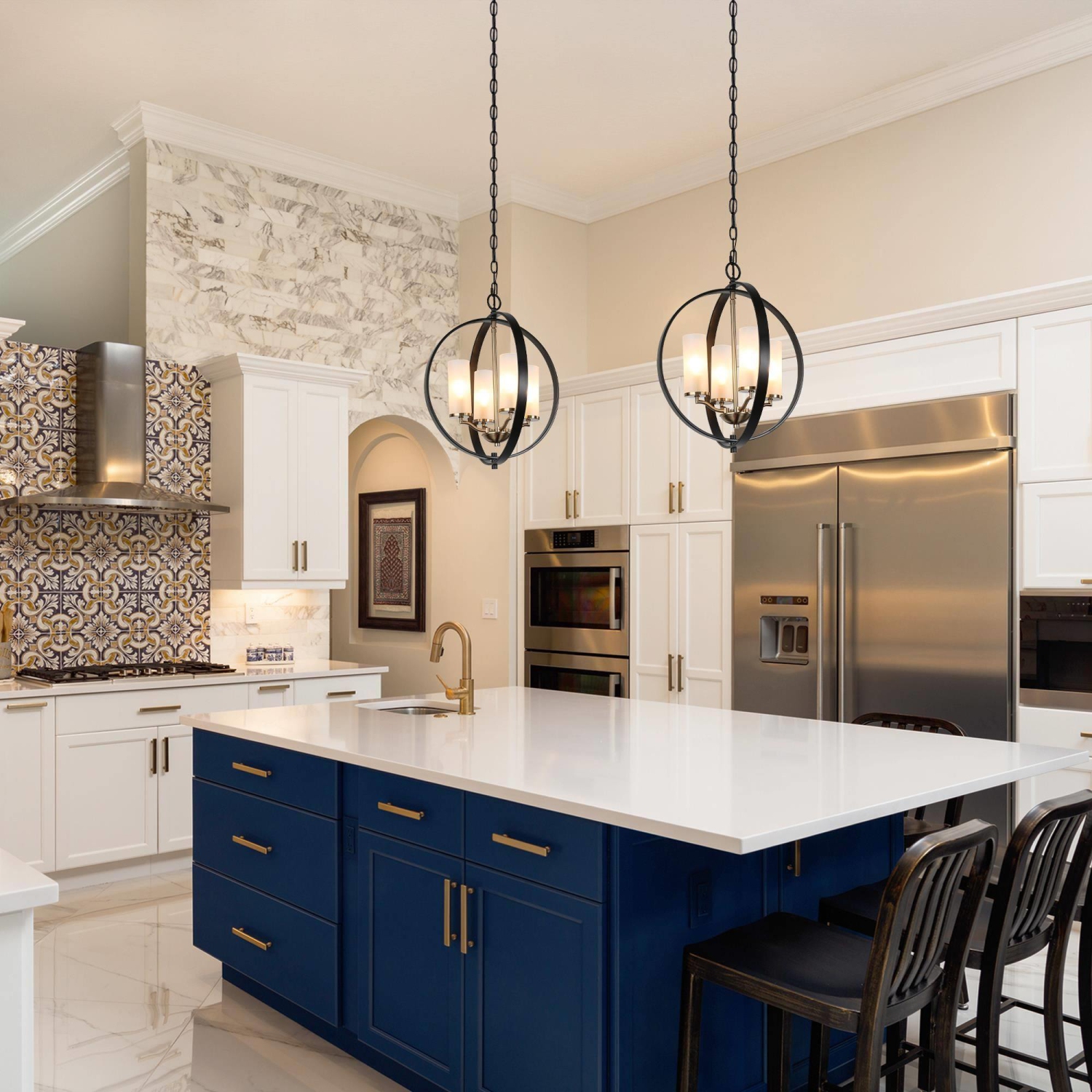 Modern Globe Chandelier Light 4-Light Matte Black & Electroplate Brass Modern Circle Chandelier with Candlestick Design