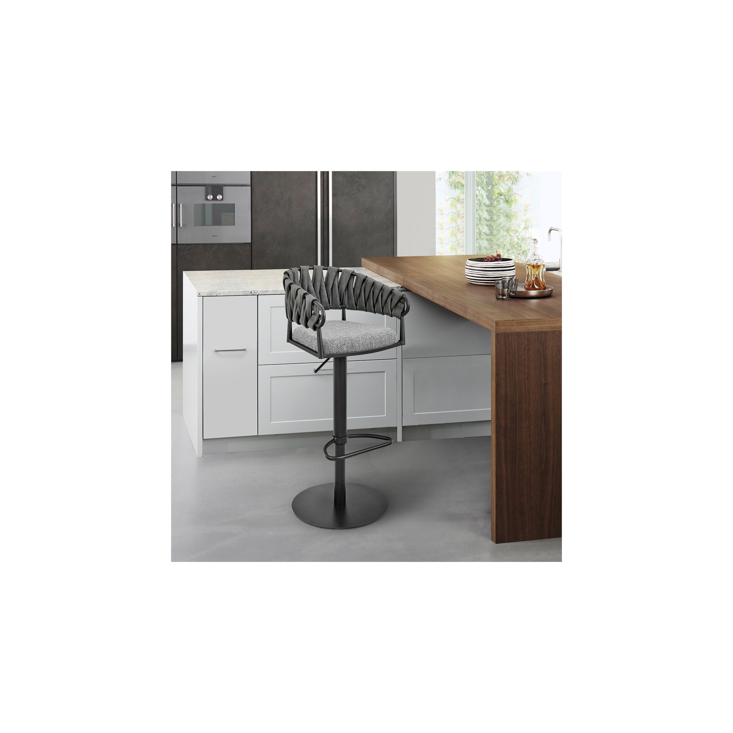 Tabouret de bar ajustable Silabe en métal noir avec tissu gris et similicuir