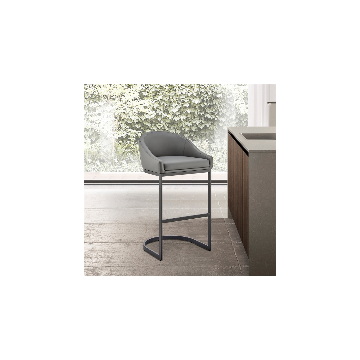 Atherik Counter Stool in Black Metal with Grey Faux Leather