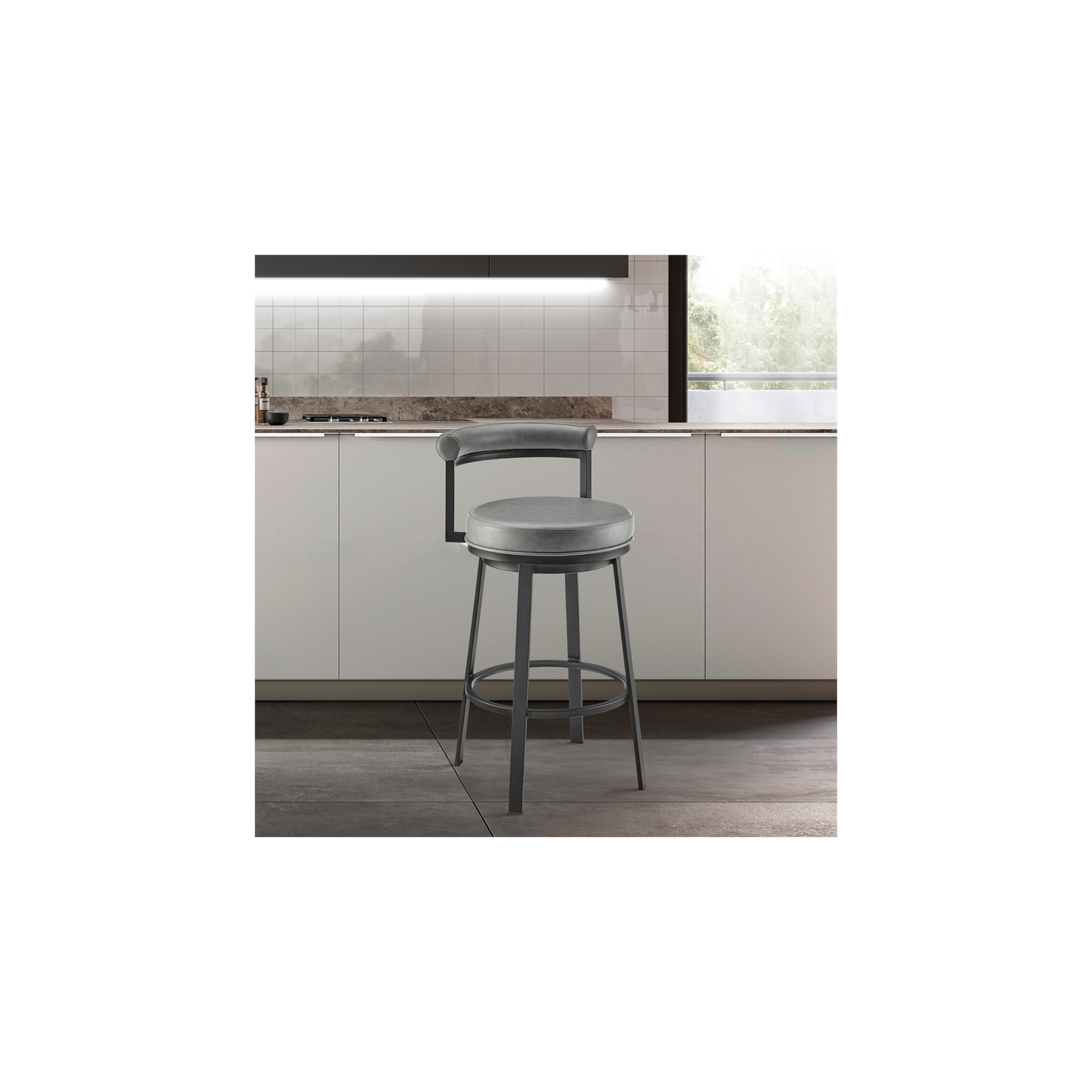 Neura Swivel Counter or Bar Stool in Black Finish with Grey Faux Leather