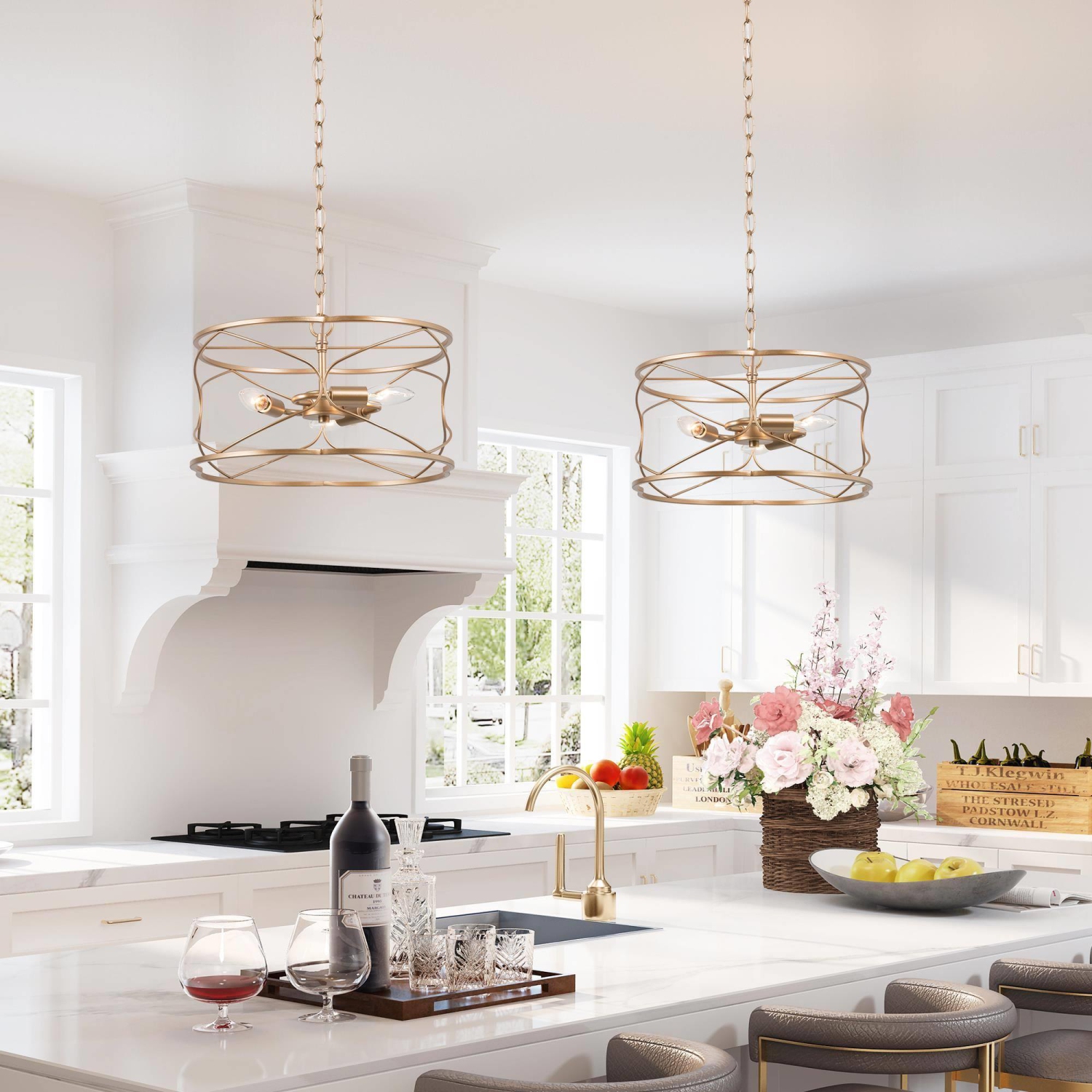 Lustre à tambour moderne 16 po. Lustre de cuisine en cage de ferme en laiton doré à 3 lumières