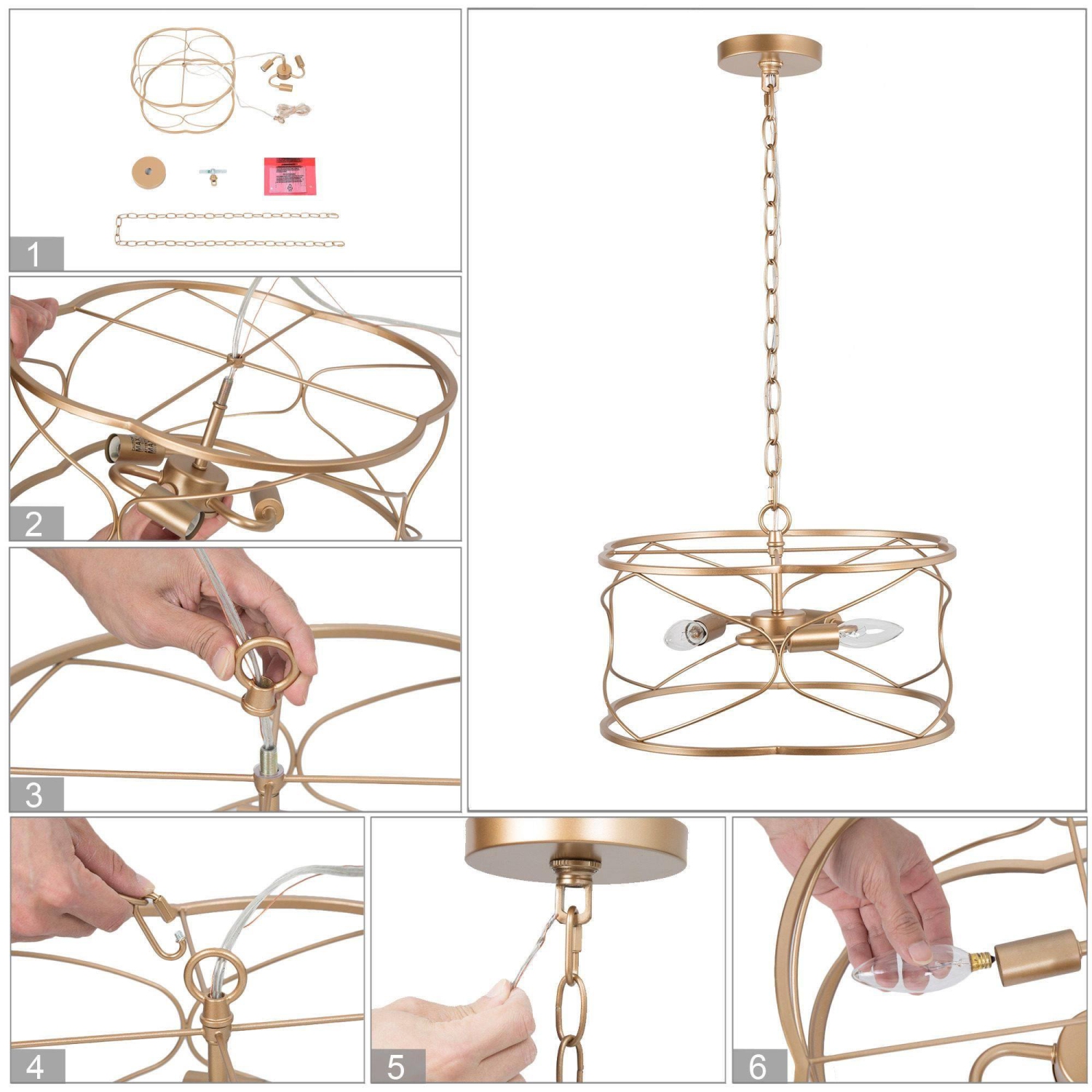 Lustre à tambour moderne 16 po. Lustre de cuisine en cage de ferme en laiton doré à 3 lumières