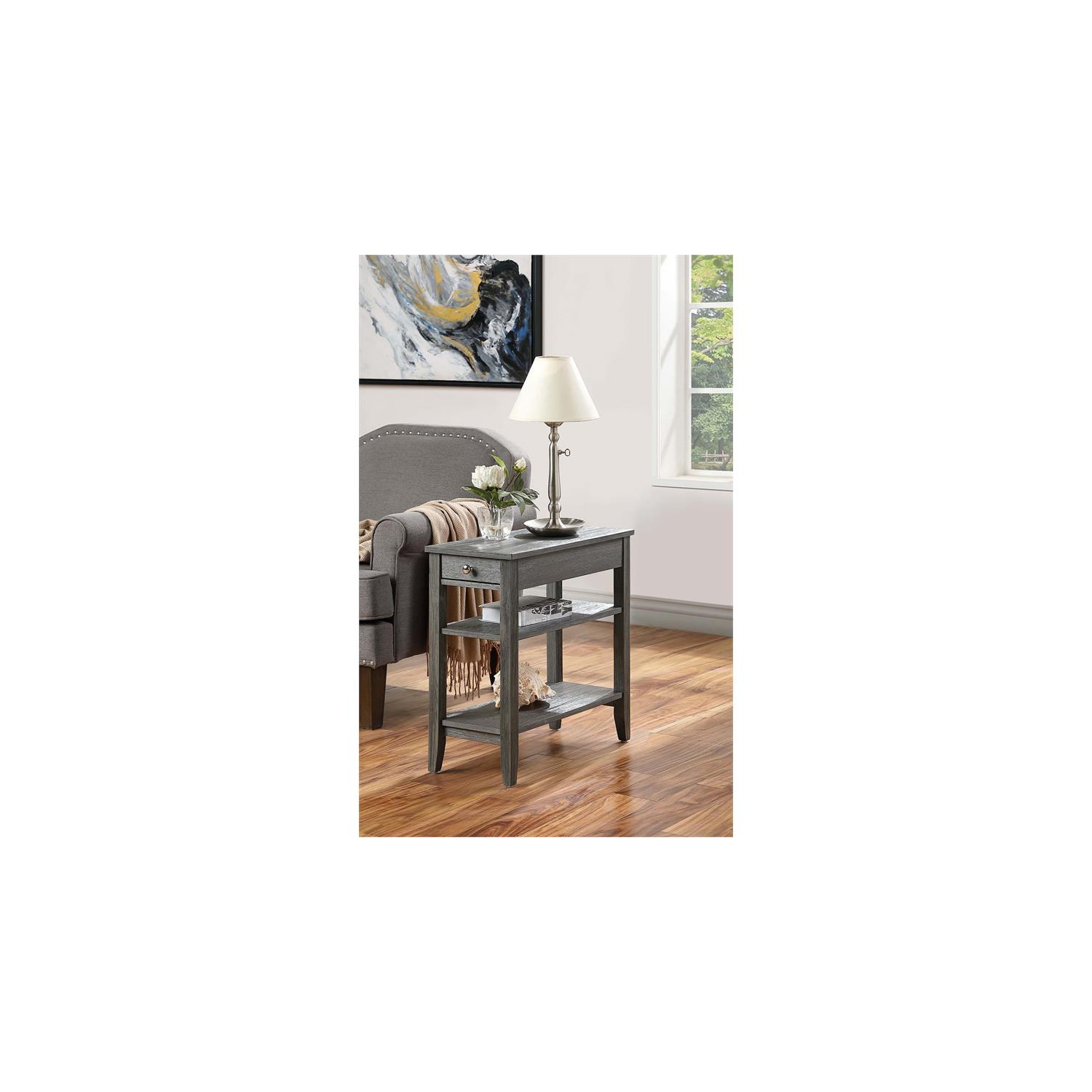 Pemberly Row Three-Tier End Table with Drawer in Gray Wood Finish