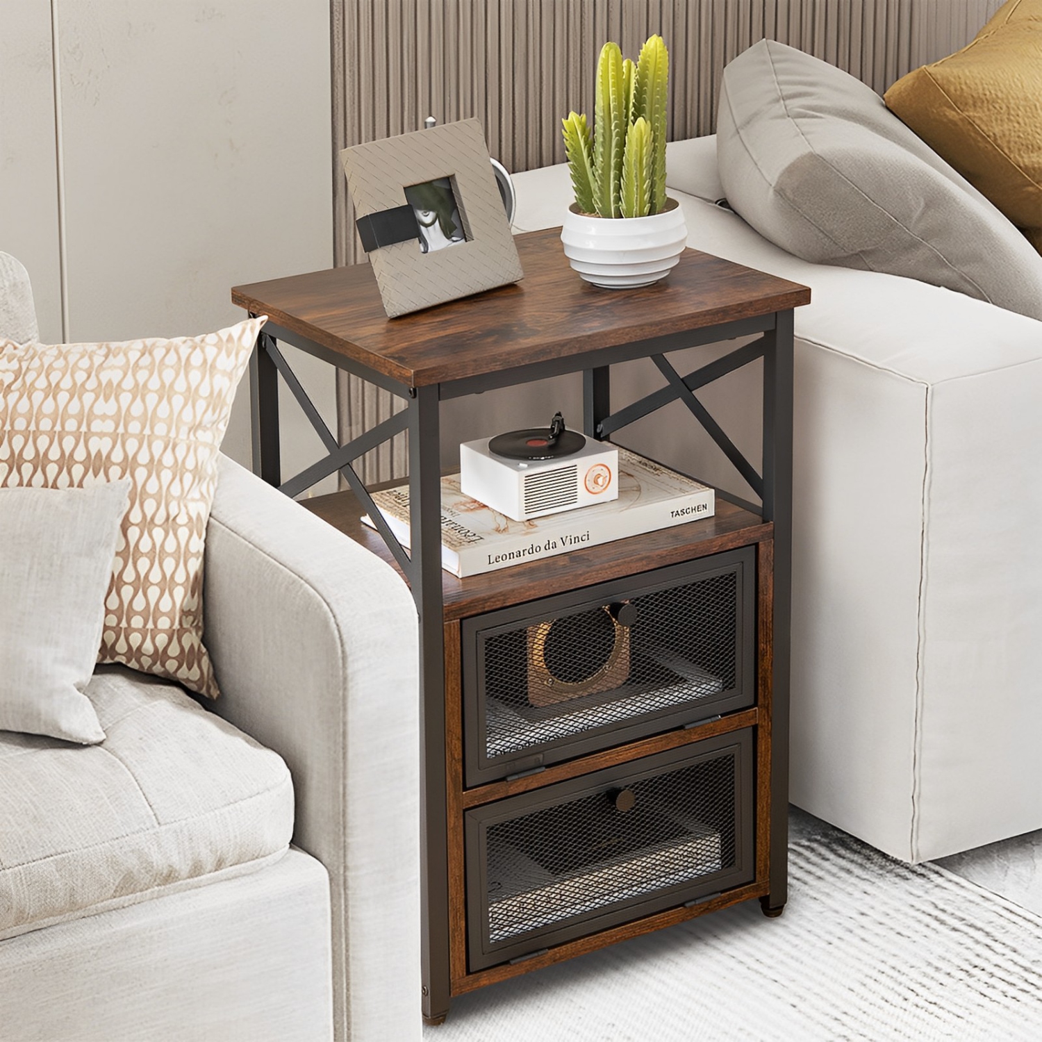 Topbuy Versatile Nightstands Set of 2 Side Table w/Storage Shelf 2 Flip Drawers Sturdy Metal Frame Vintage End Table