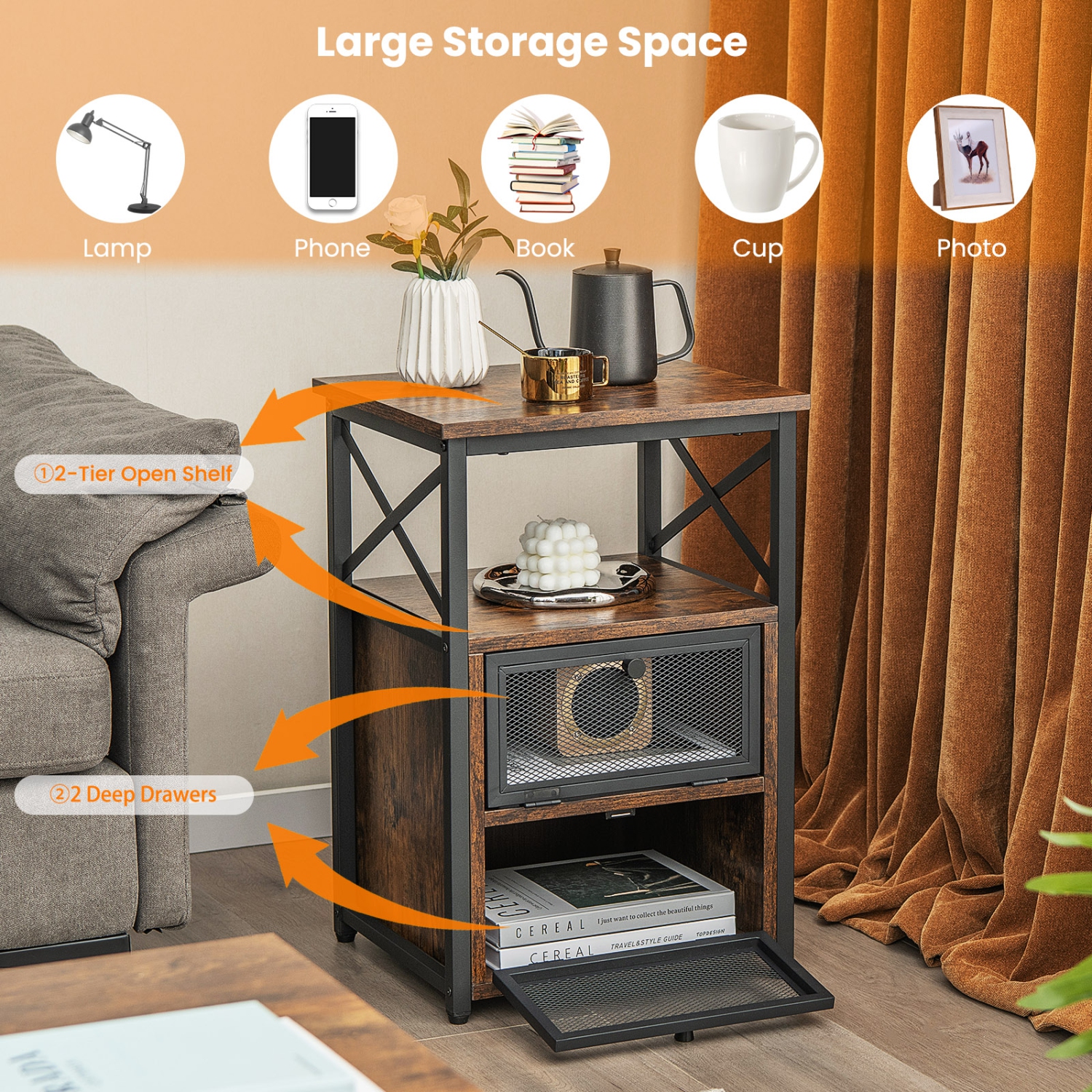 Topbuy Versatile Nightstands Set of 2 Side Table w/Storage Shelf 2 Flip Drawers Sturdy Metal Frame Vintage End Table