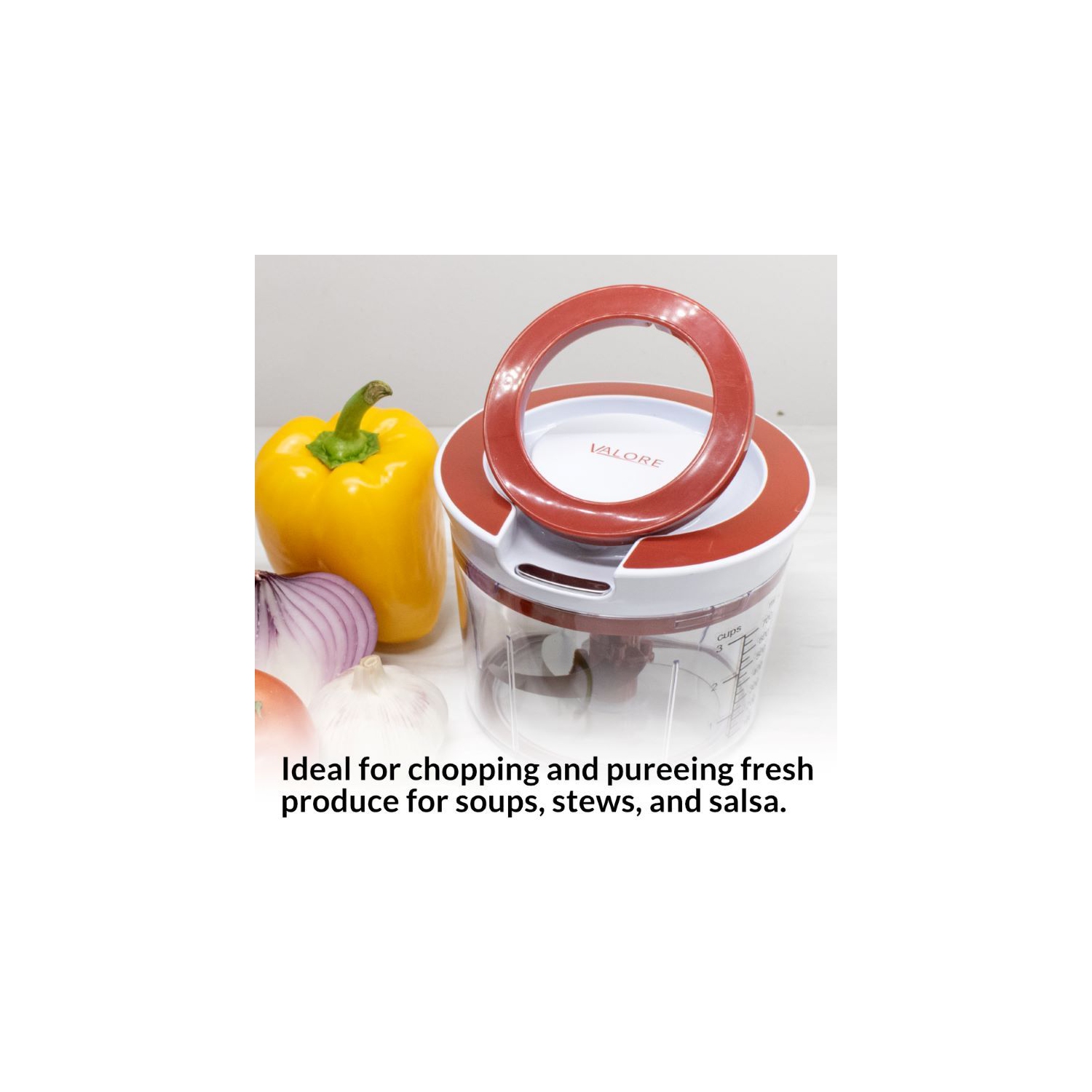 Robot culinaire manuel VALORE Hachoir à légumes 870&nbsp;mL moyen – Coupe-ail et oignons facile à nettoyer – Hachoir rapide tout usage portatif avec