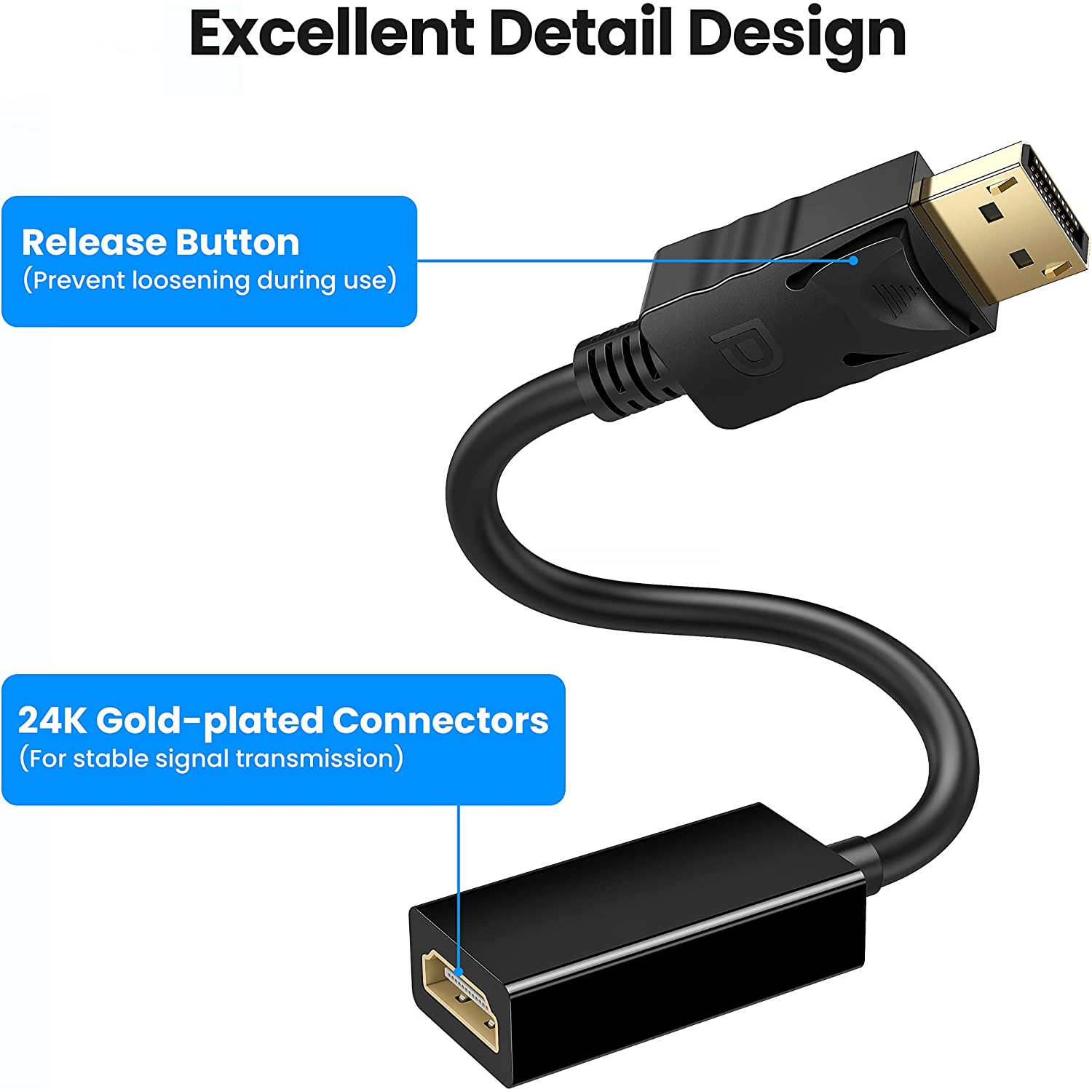 Adaptateur Displayport vers HDMI 4K 30 Hz plaqué or Displayport mâle vers HDMI femelle avec audio - Noir
