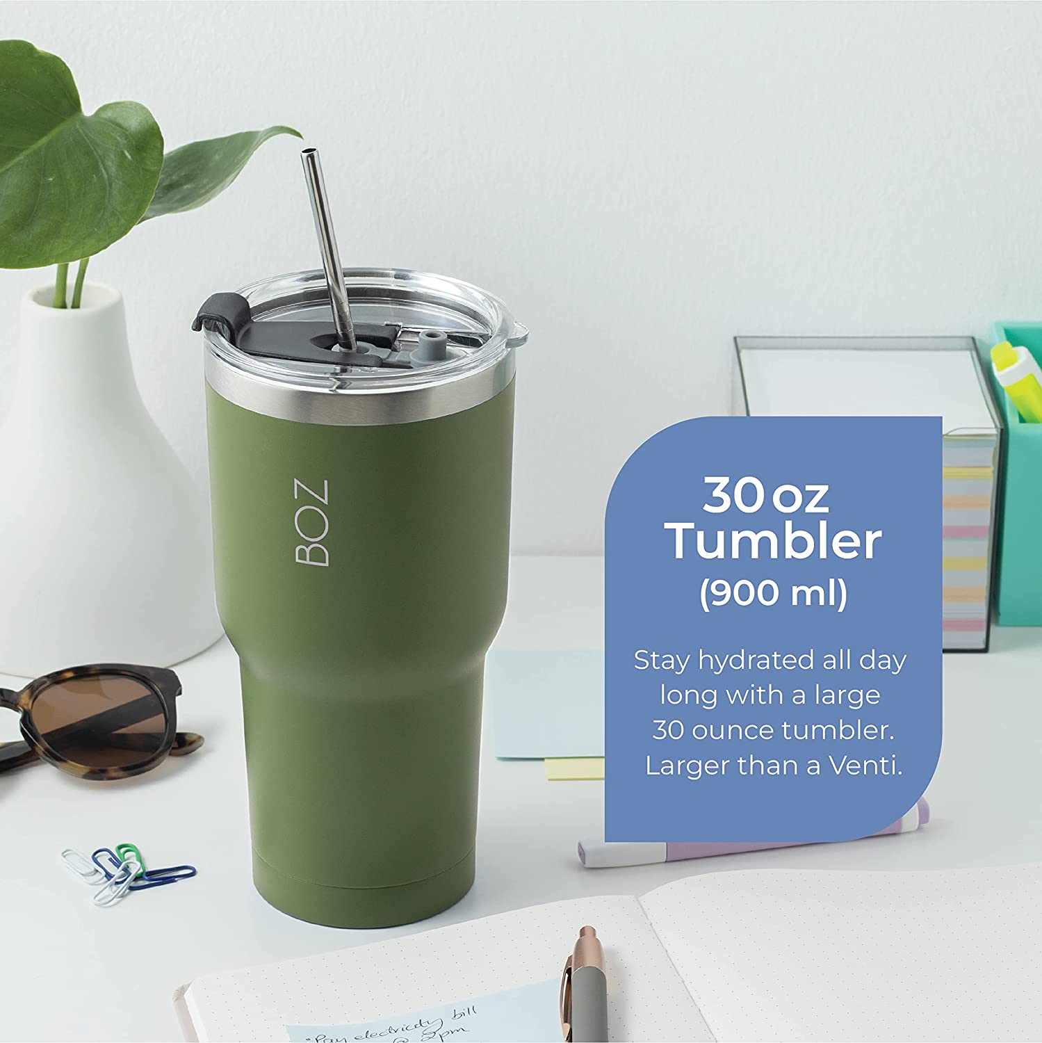 BOZ Stainless Steel Tumbler with Straw BPA Free, Vacuum Double Wall Insulated (Dark Green)