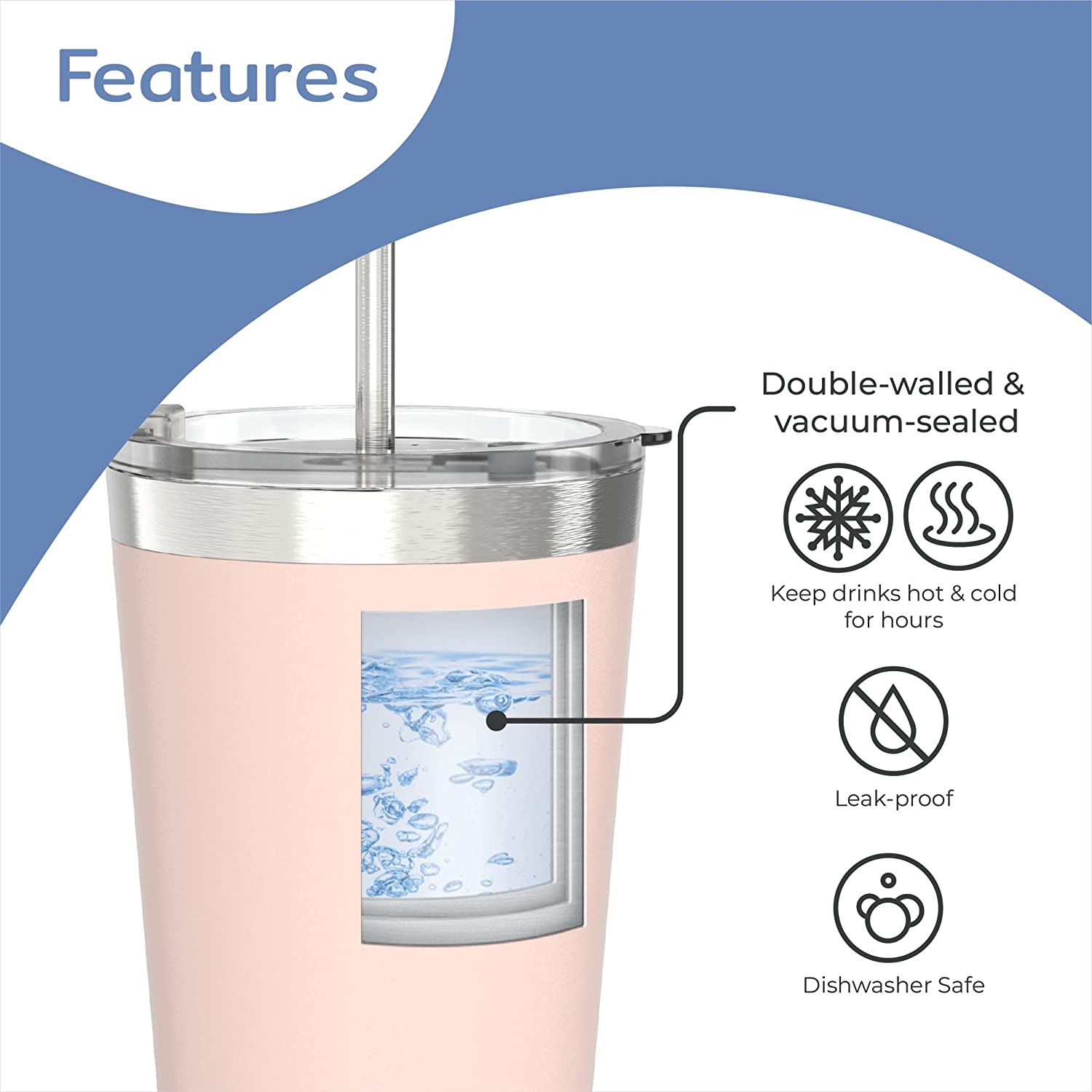 BOZ – gobelet en acier inoxydable avec paille sans BPA, isotherme à double paroi (rose)