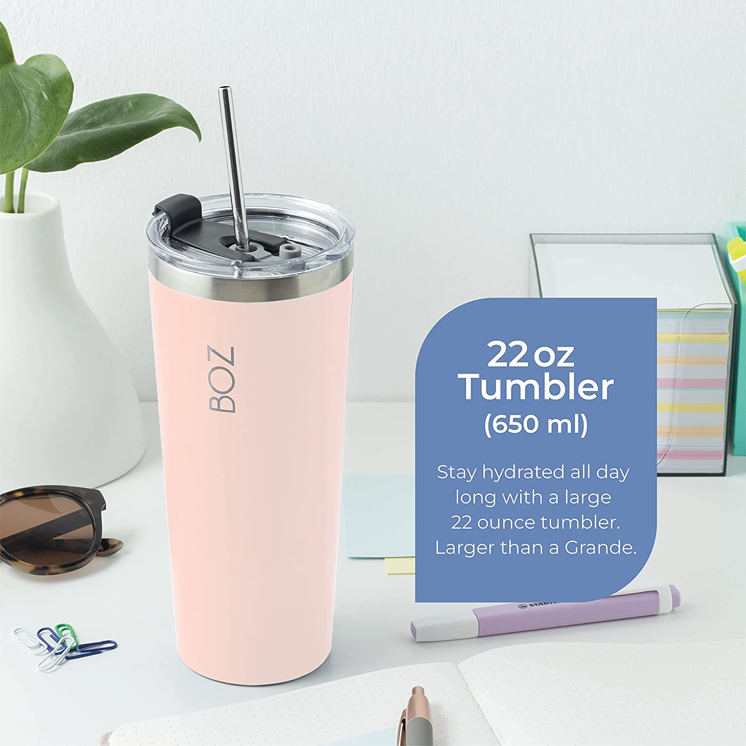 BOZ – gobelet en acier inoxydable avec paille sans BPA, isotherme à double paroi (rose)