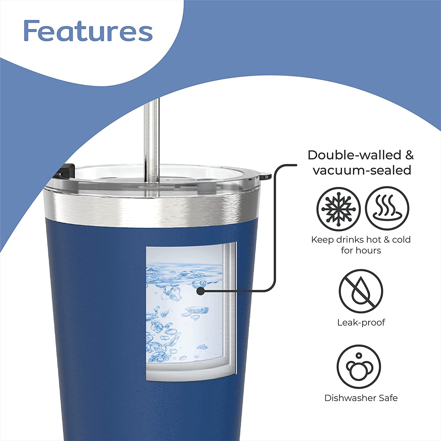 BOZ – gobelet en acier inoxydable avec paille sans BPA, isotherme à double paroi (bleu)