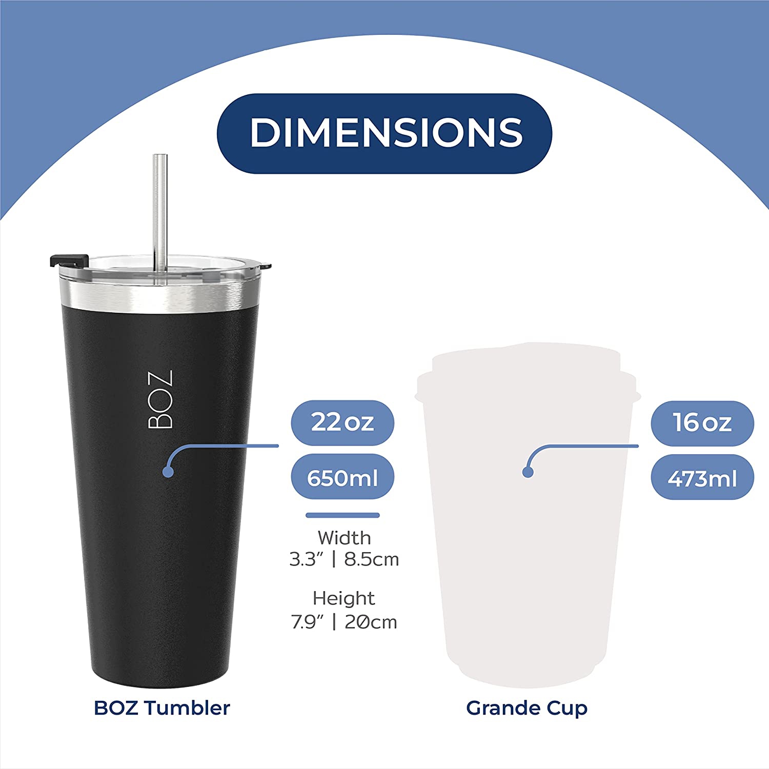 BOZ – gobelet en acier inoxydable avec paille sans BPA, isotherme à double paroi (noir)