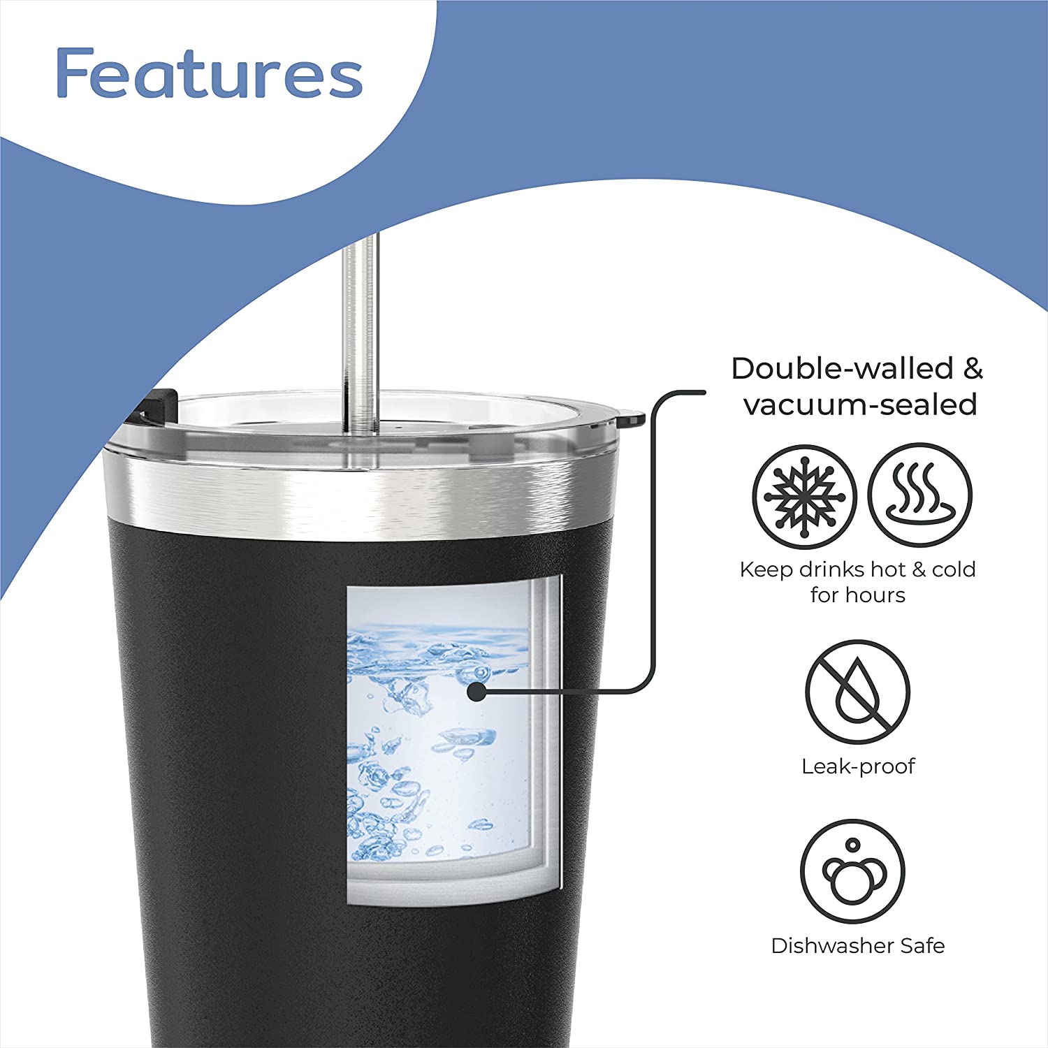 BOZ – gobelet en acier inoxydable avec paille sans BPA, isotherme à double paroi (noir)