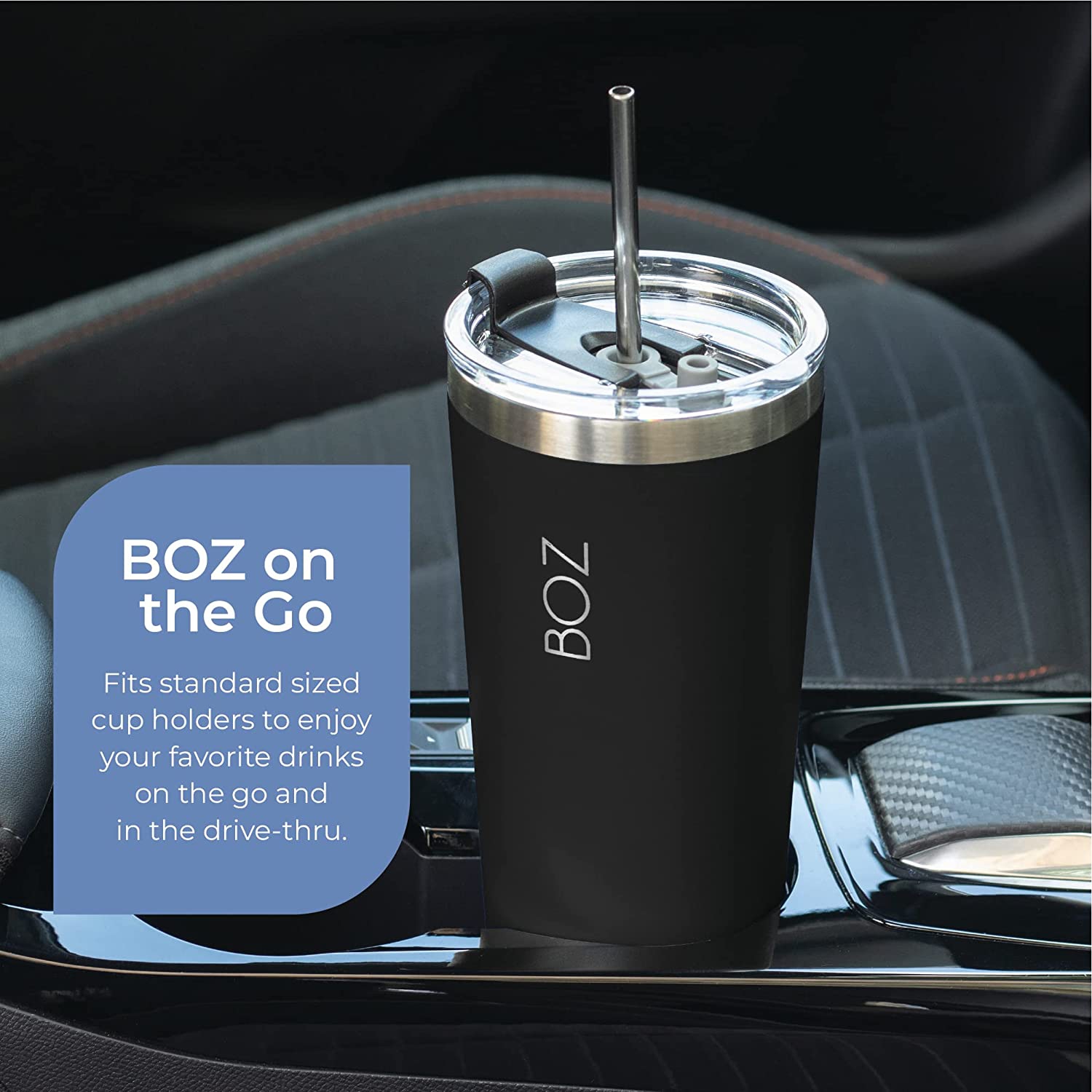 BOZ – gobelet en acier inoxydable avec paille sans BPA, isotherme à double paroi (noir)