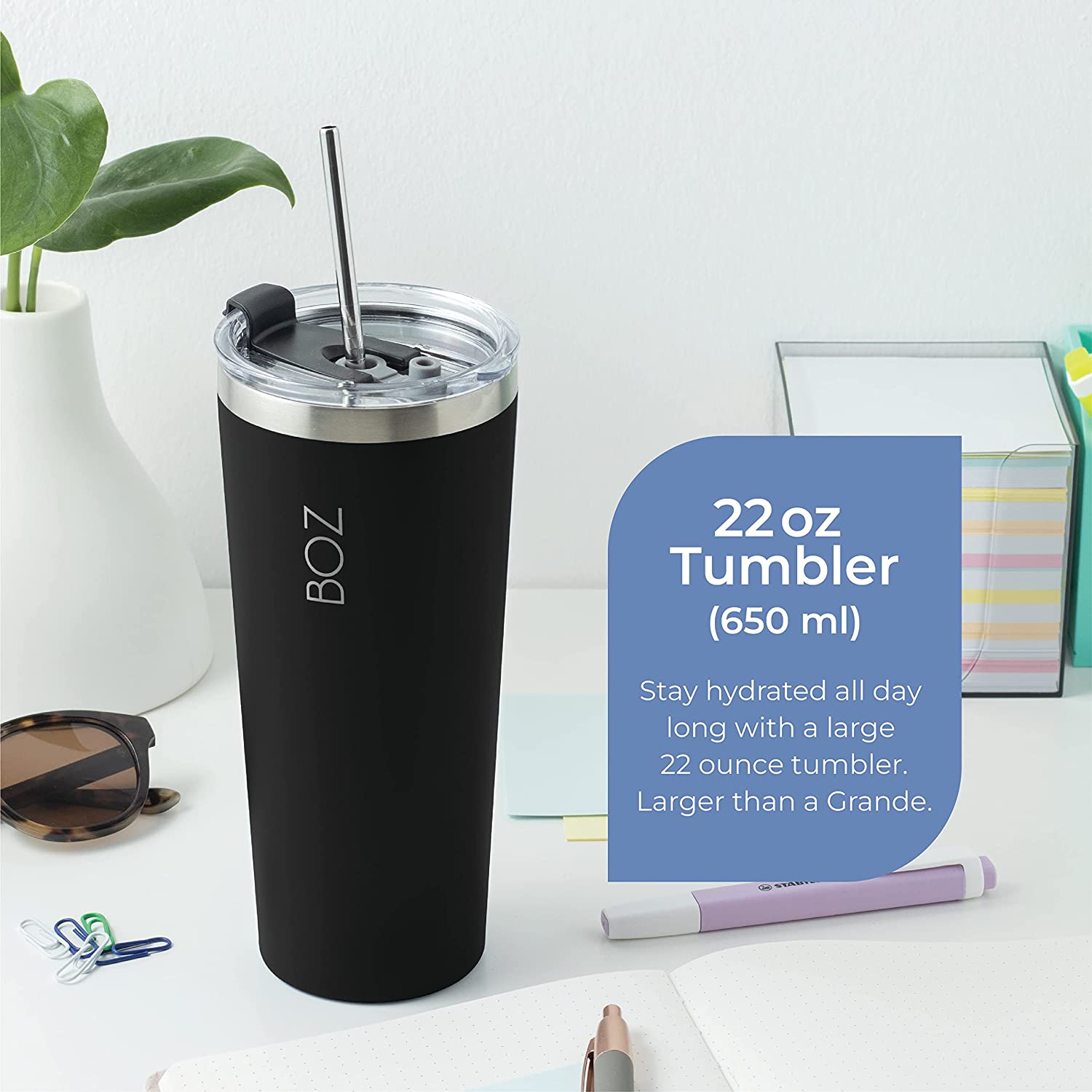 BOZ – gobelet en acier inoxydable avec paille sans BPA, isotherme à double paroi (noir)