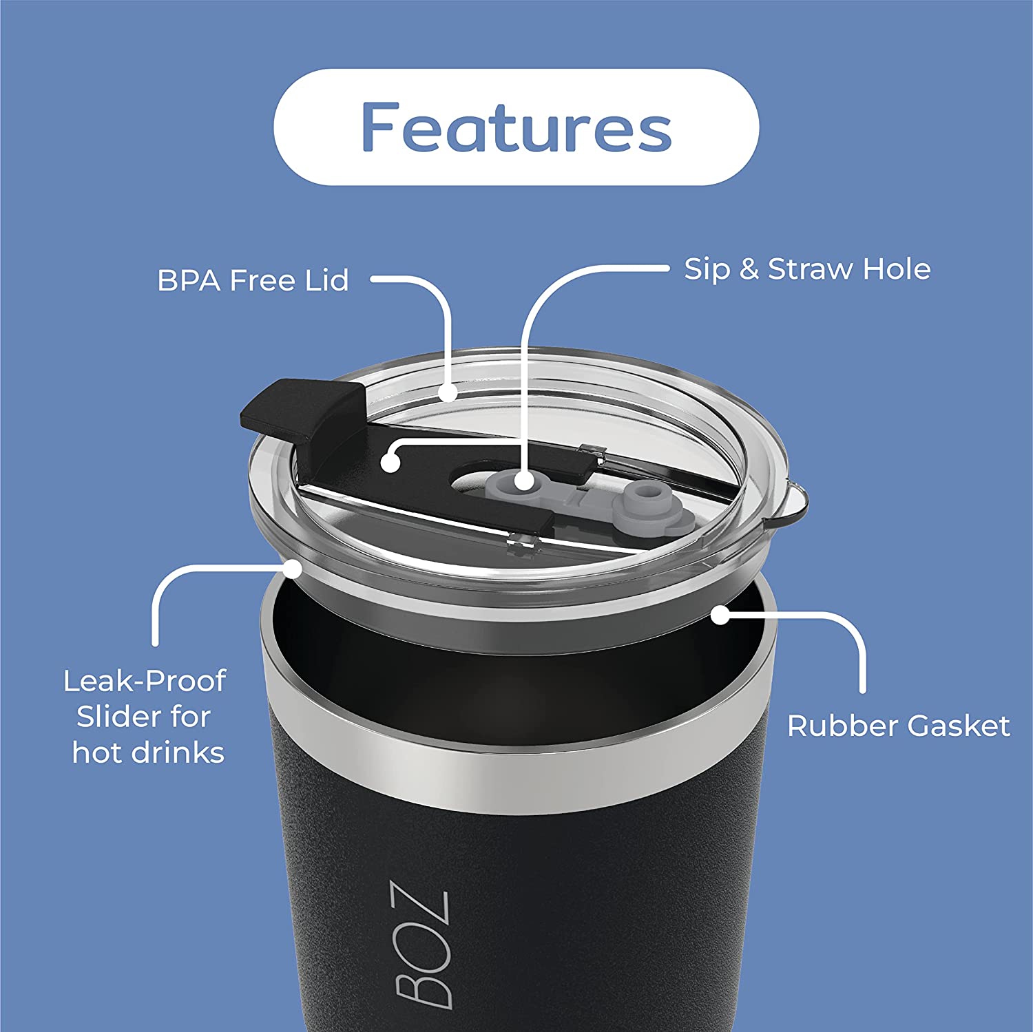 BOZ Stainless Steel Tumbler with Straw BPA Free, Vacuum Double Wall Insulated (Black)