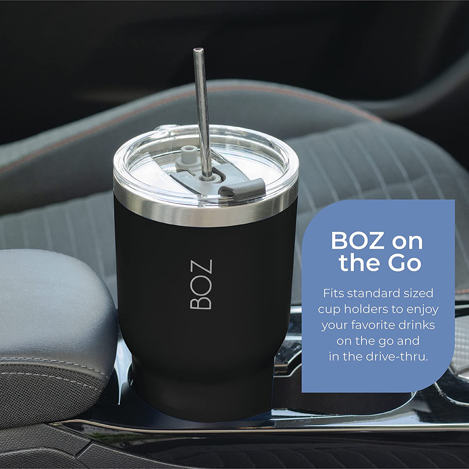 BOZ Stainless Steel Tumbler with Straw BPA Free, Vacuum Double Wall Insulated (Black)