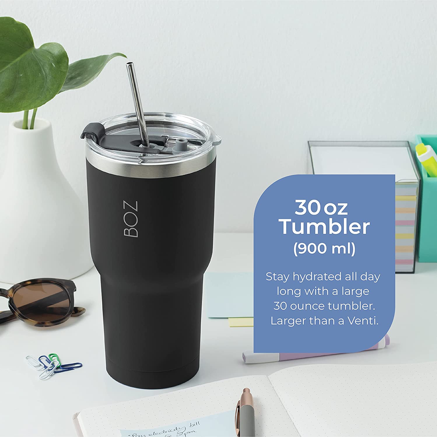 BOZ Stainless Steel Tumbler with Straw BPA Free, Vacuum Double Wall Insulated (Black)