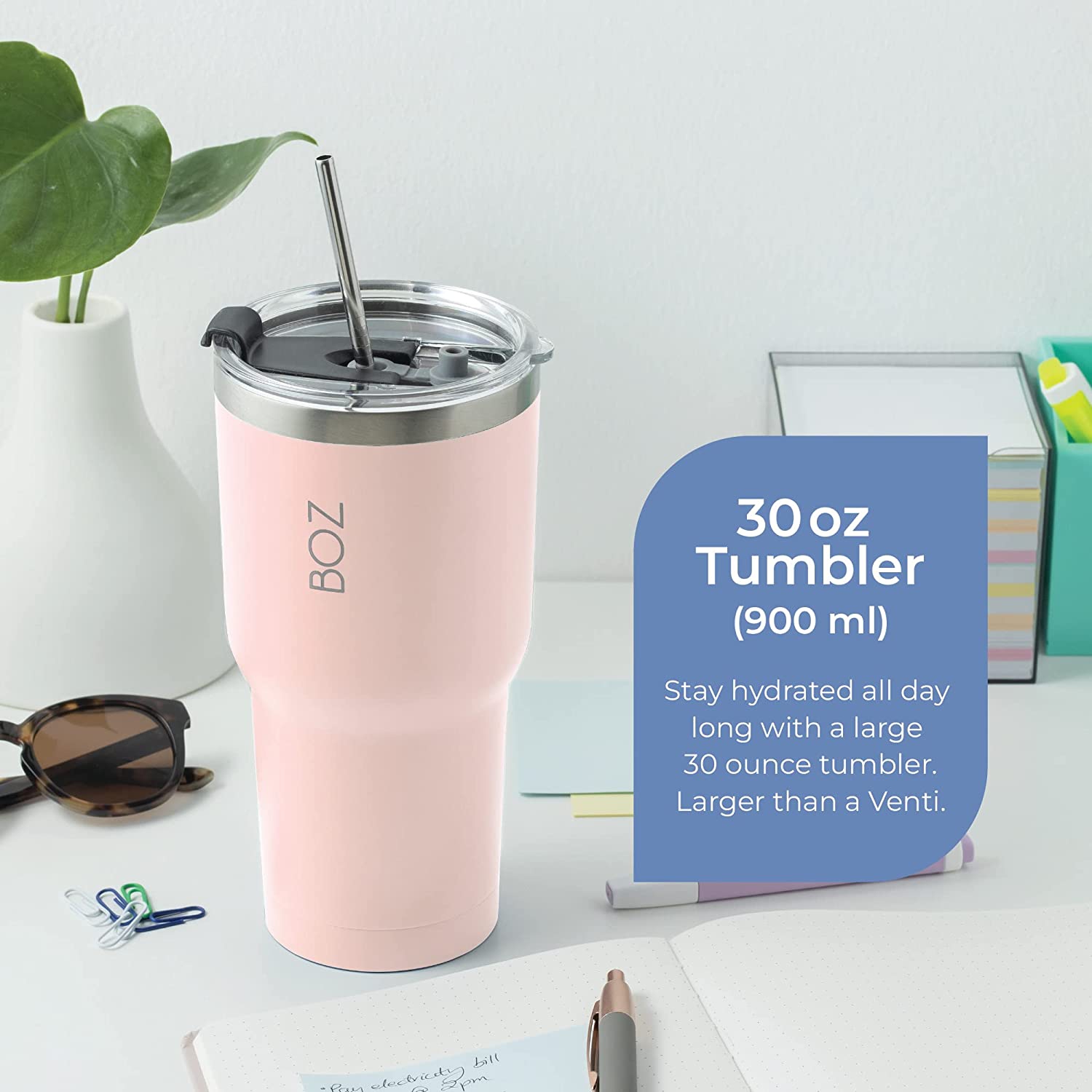 BOZ – gobelet en acier inoxydable avec paille sans BPA, isotherme à double paroi (rose)