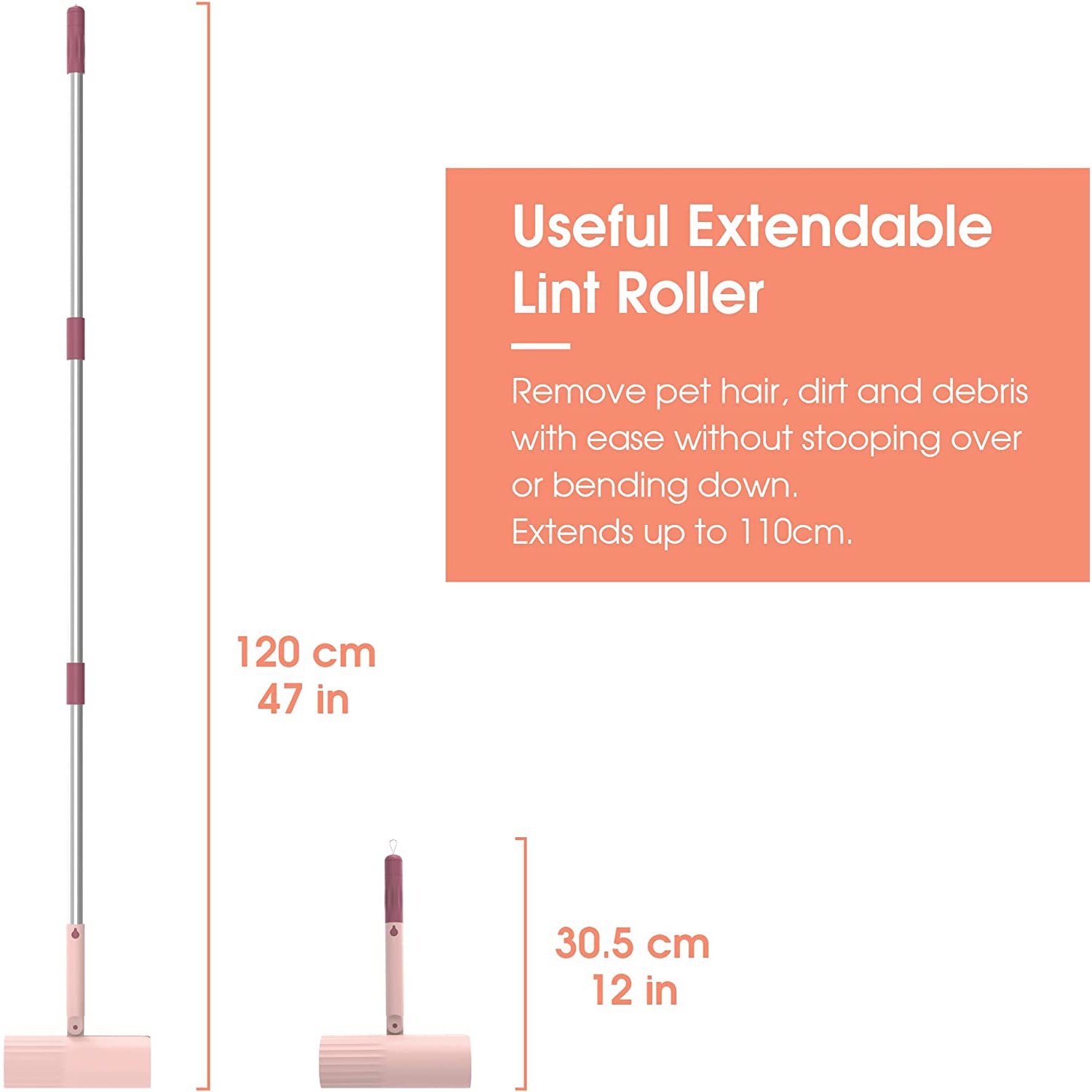 Useful Co Extendable Lint Roller - 16cm to 110cm, 1 Lint Roller + 4 Refills for Clothes and Pet Hair Removal, Washable and Reusable with Super Sticky