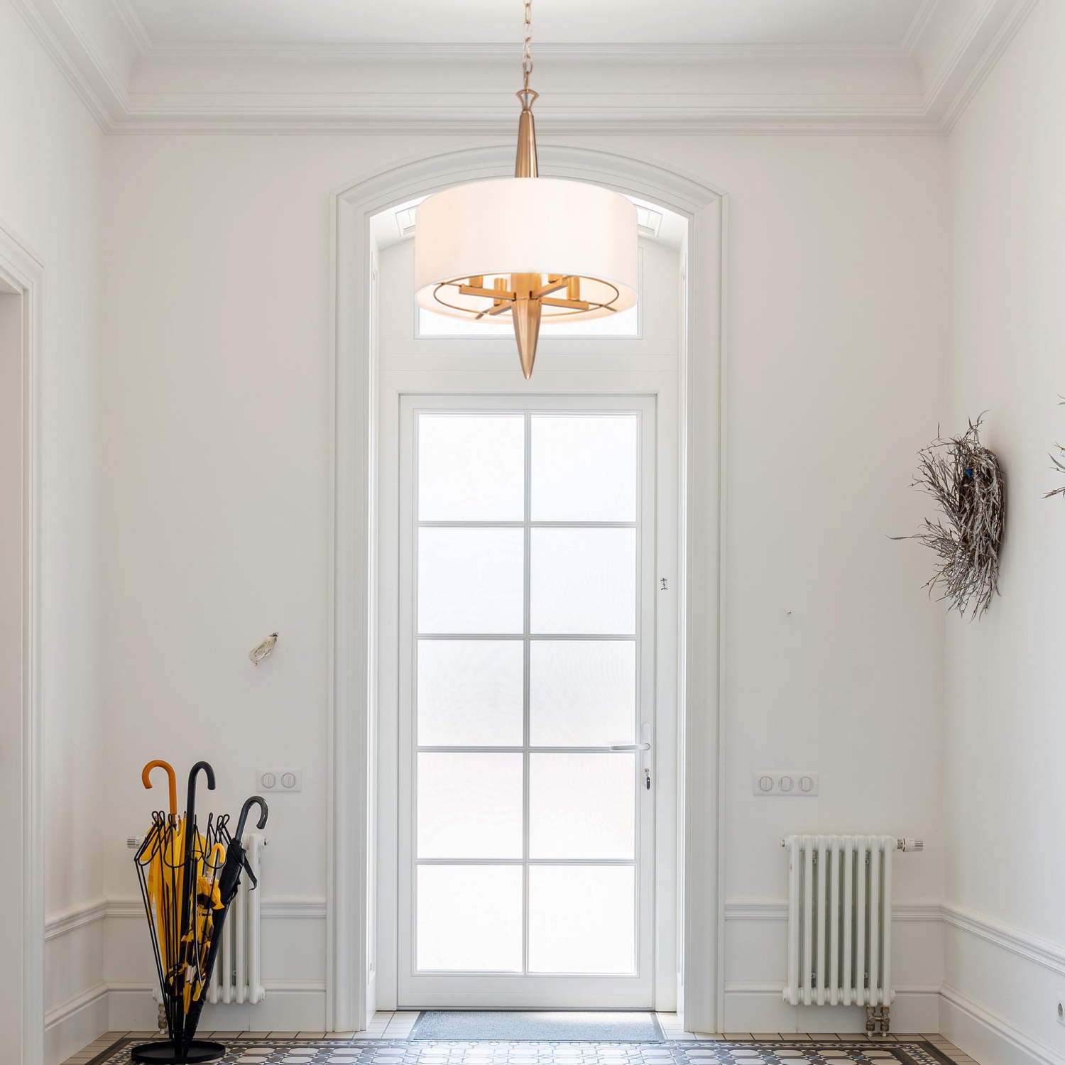 Modern Gold Bedroom Chandelier Lighting, 4-Light Farmhouse Drum Living Room Pendant Light with Fabric Shade