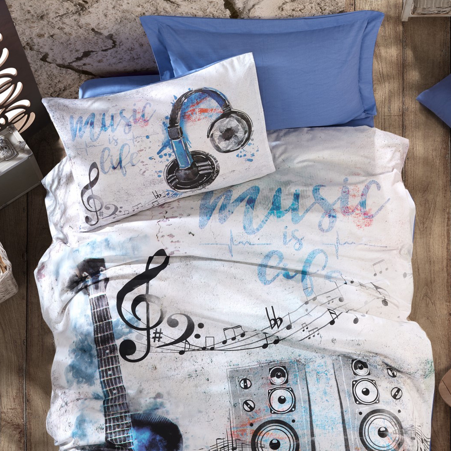 SUSSEXHOME Blue Guitar Duvet Cover Set, Twin Size Duvet Cover, 1 Duvet Cover, 1 Fitted Sheet and 2 Pillowcases, Iron Safe, Hypoallergenic, Breathable