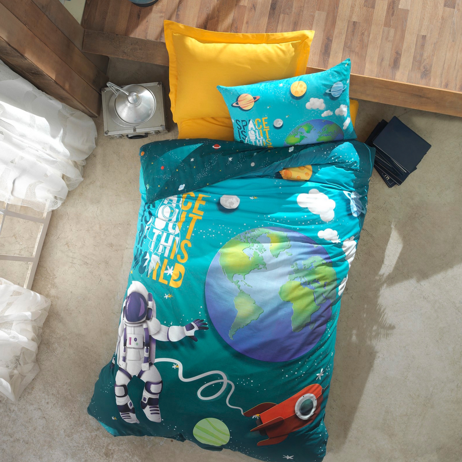 SUSSEXHOME Cosmos In Sky Duvet Cover Set Turquoise, Twin Size Duvet Cover, 1 Duvet Cover, 1 Fitted Sheet and 2 Pillowcases, Iron Safe,