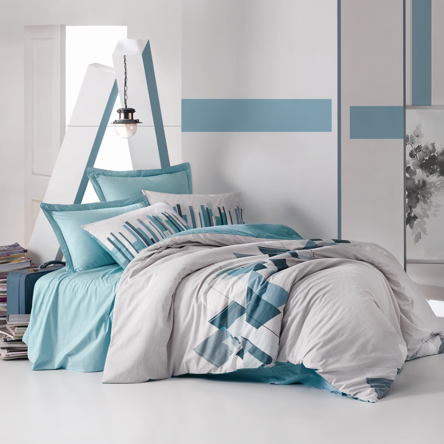 SUSSEXHOME Light Gray Cubes Duvet Cover Set Teal, Queen Size Duvet Cover, 1 Duvet Cover, 1 Fitted Sheet and 2 Pillowcases, Iron Safe, Hypoallergenic,