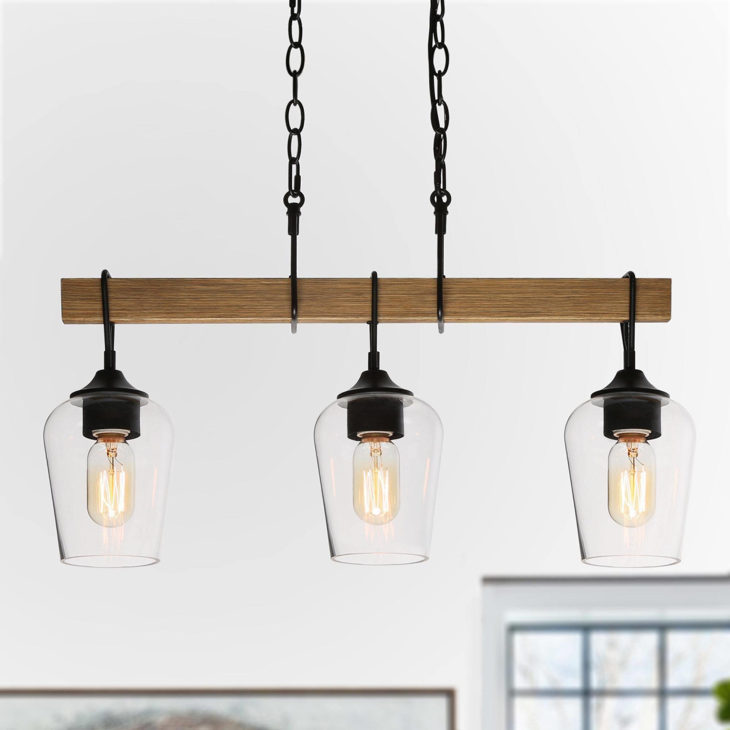 Modern Black Dining Room Chandelier, 25 in. 3-Light Farmhouse Faux Wood Pendant Hanging light for Kitchen and Bedroom