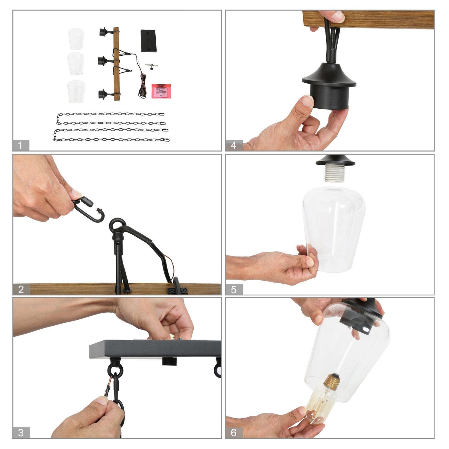 Modern Black Dining Room Chandelier, 25 in. 3-Light Farmhouse Faux Wood Pendant Hanging light for Kitchen and Bedroom