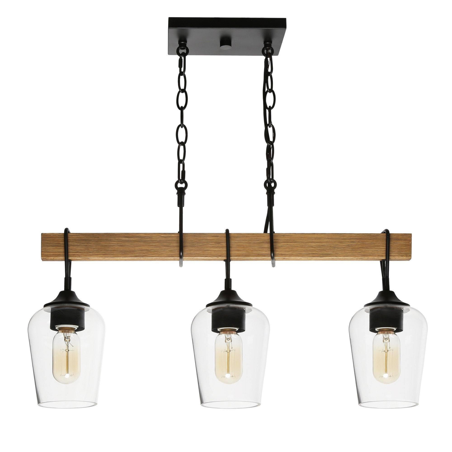 Modern Black Dining Room Chandelier, 25 in. 3-Light Farmhouse Faux Wood Pendant Hanging light for Kitchen and Bedroom