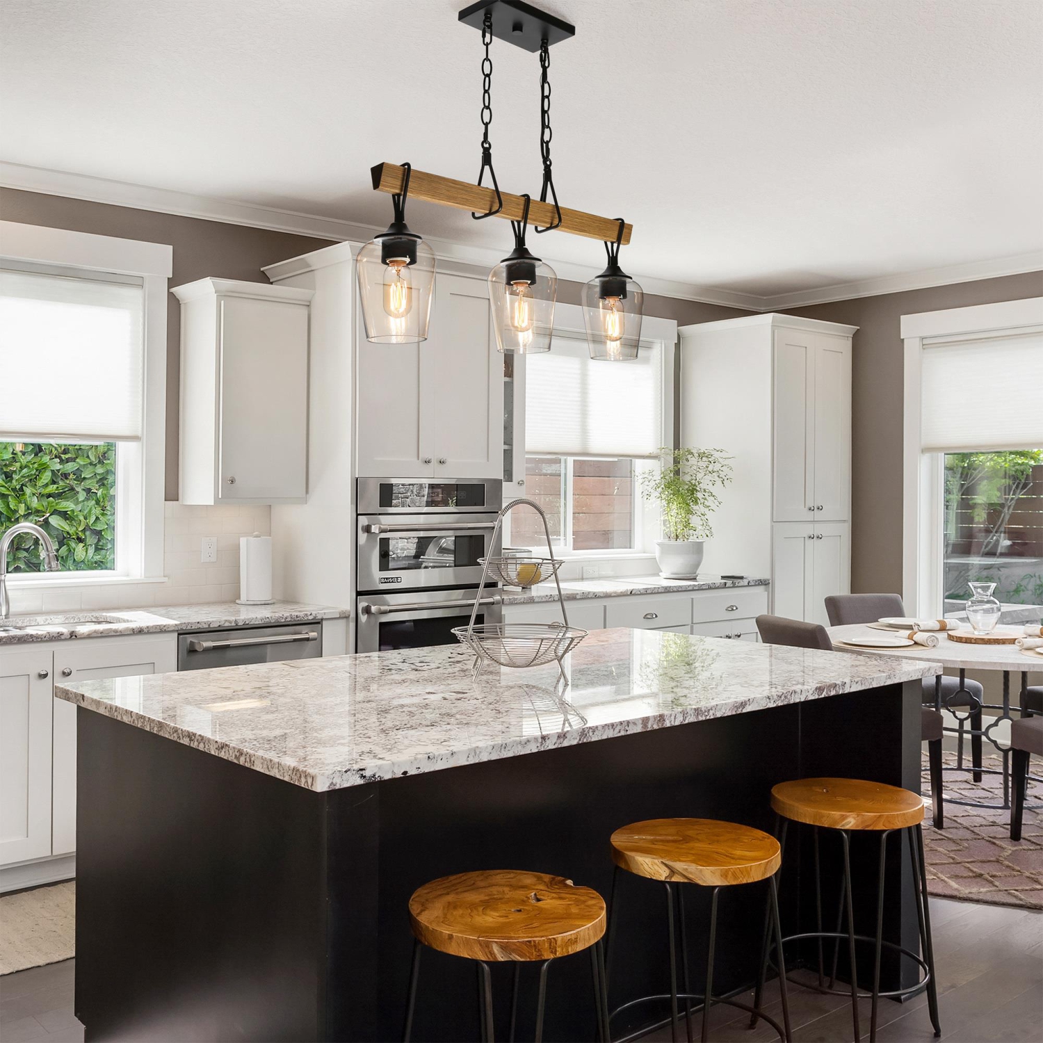 Modern Black Dining Room Chandelier, 25 in. 3-Light Farmhouse Faux Wood Pendant Hanging light for Kitchen and Bedroom