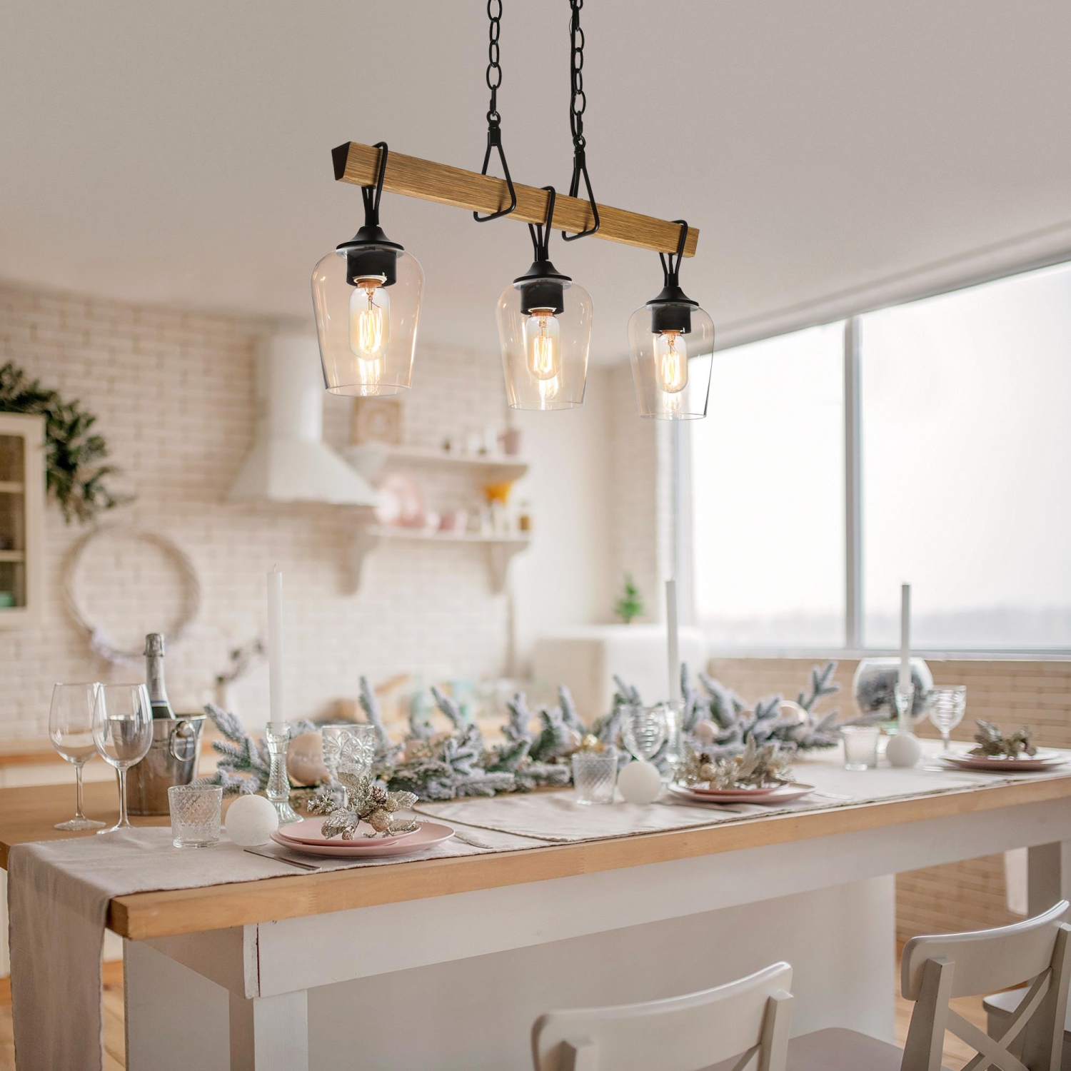 Modern Black Dining Room Chandelier, 25 in. 3-Light Farmhouse Faux Wood Pendant Hanging light for Kitchen and Bedroom