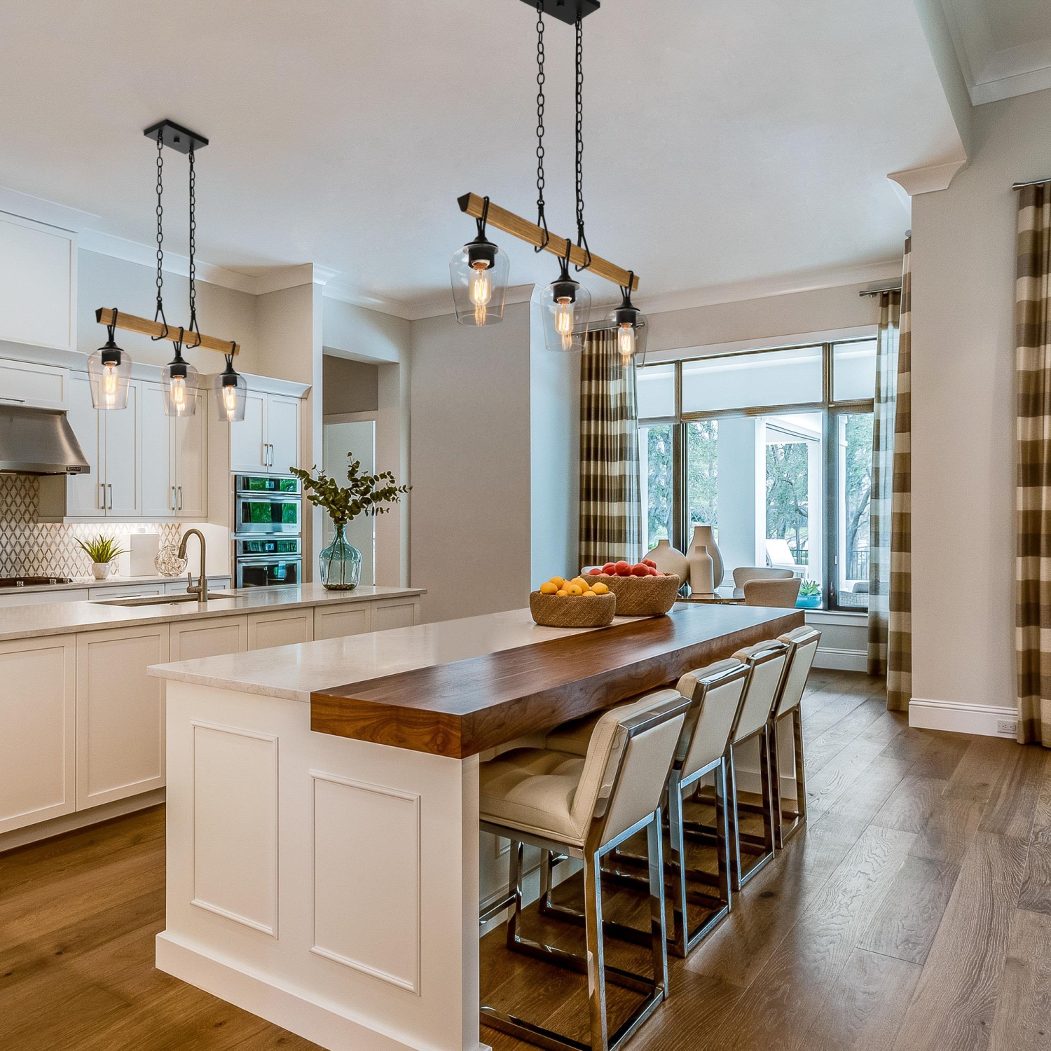 Modern Black Dining Room Chandelier, 25 in. 3-Light Farmhouse Faux Wood Pendant Hanging light for Kitchen and Bedroom