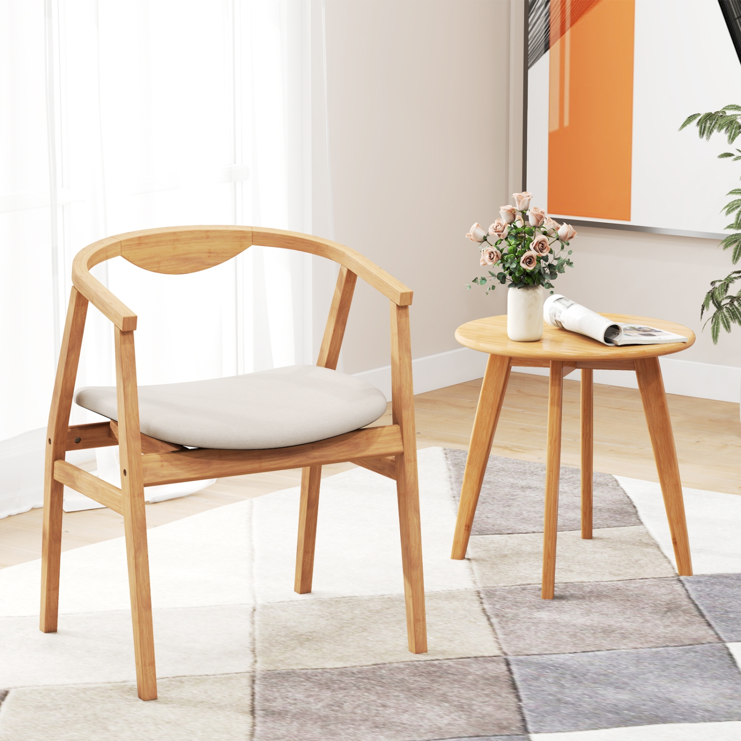 Gymax Leisure Bamboo Armchair Modern Accent Chair w/ Curved Back & Bamboo Structure