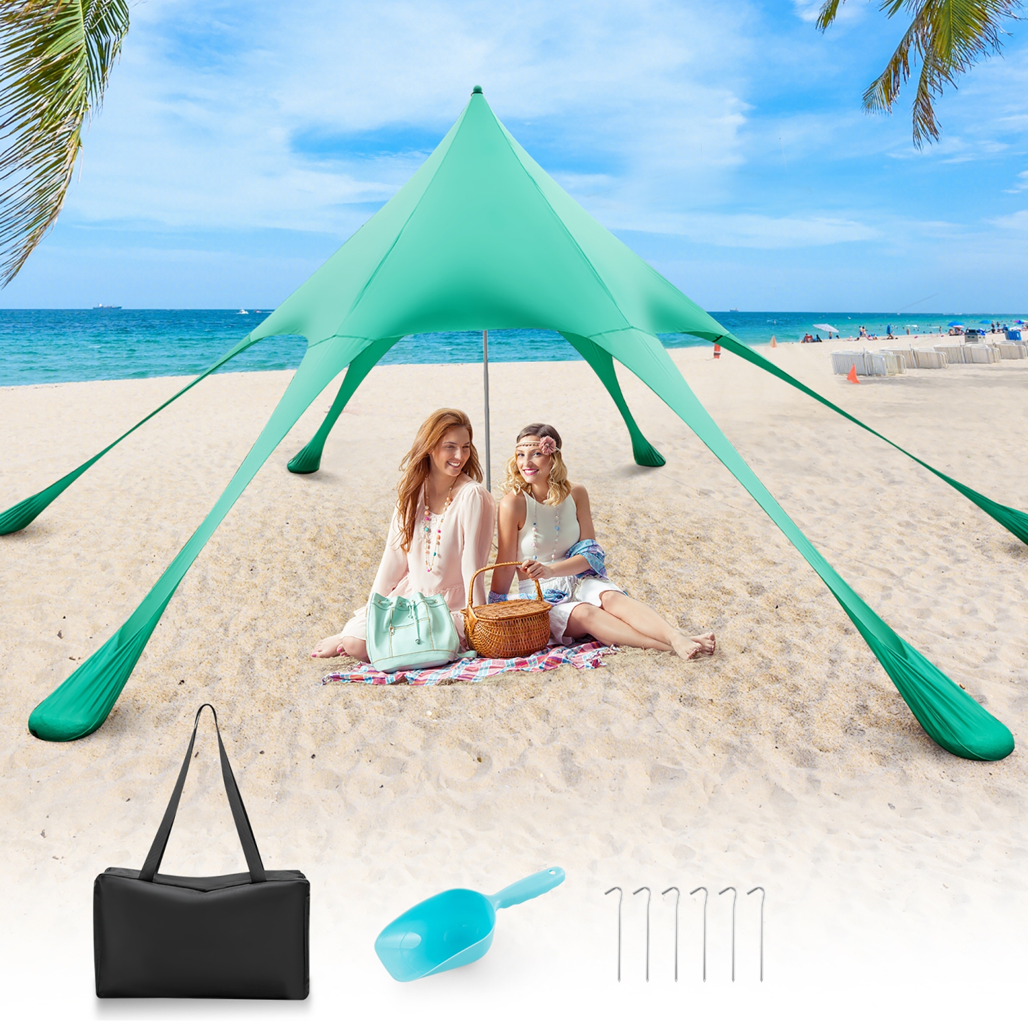 Costway 20 x 20 FT Beach Sunshade Canopy UPF50+ with Carry Bag & 8 Sandbags & Shovel