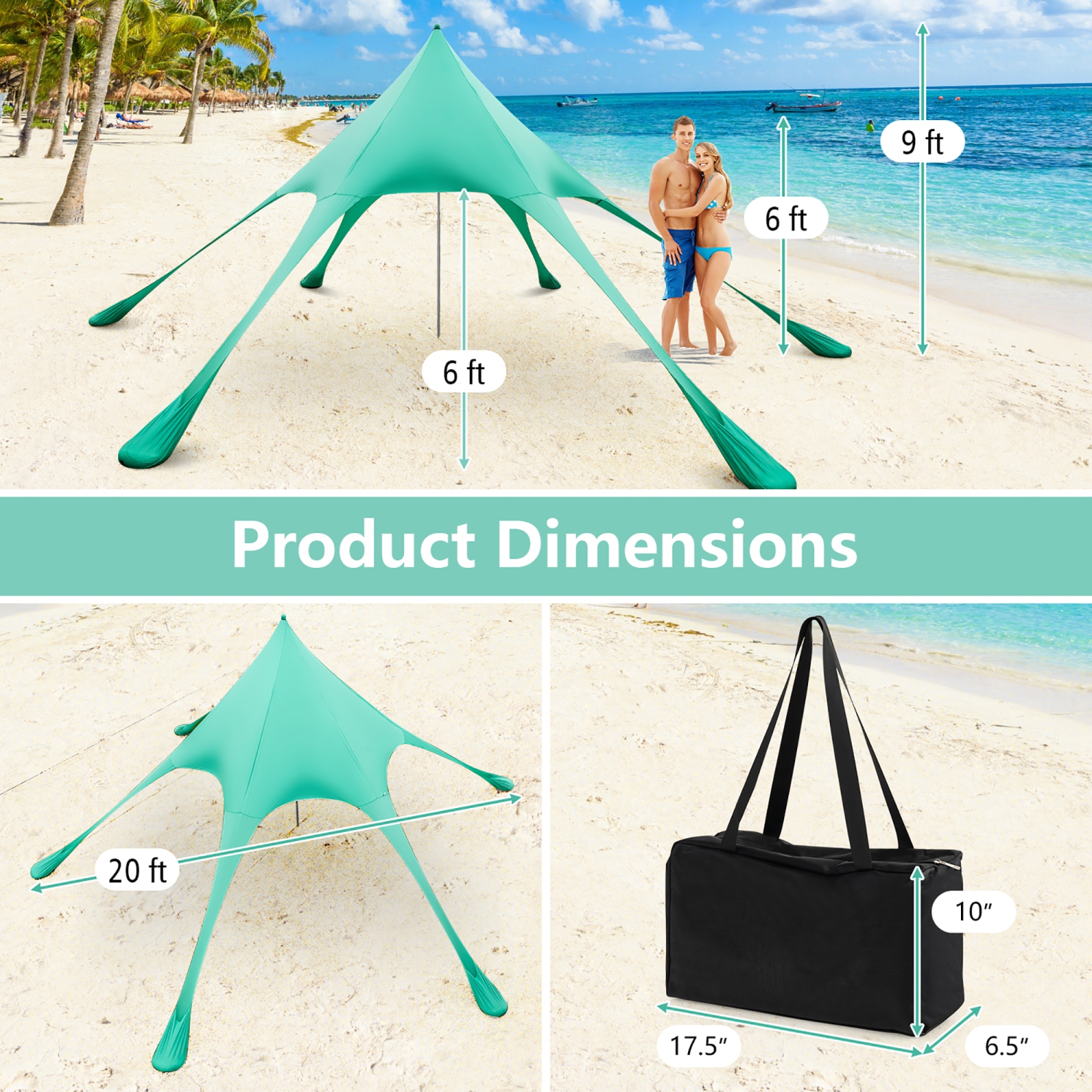 Costway 20 x 20 FT Beach Sunshade Canopy UPF50+ with Carry Bag & 8 Sandbags & Shovel