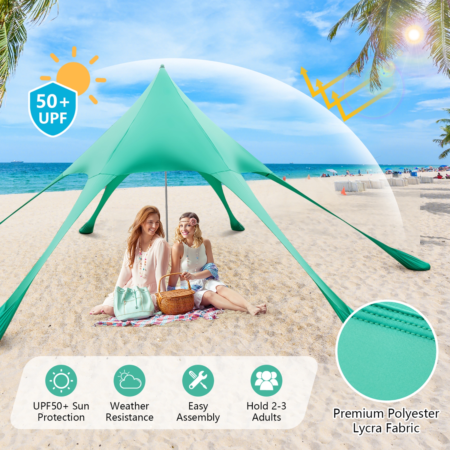 Costway 20 x 20 FT Beach Sunshade Canopy UPF50+ with Carry Bag & 8 Sandbags & Shovel