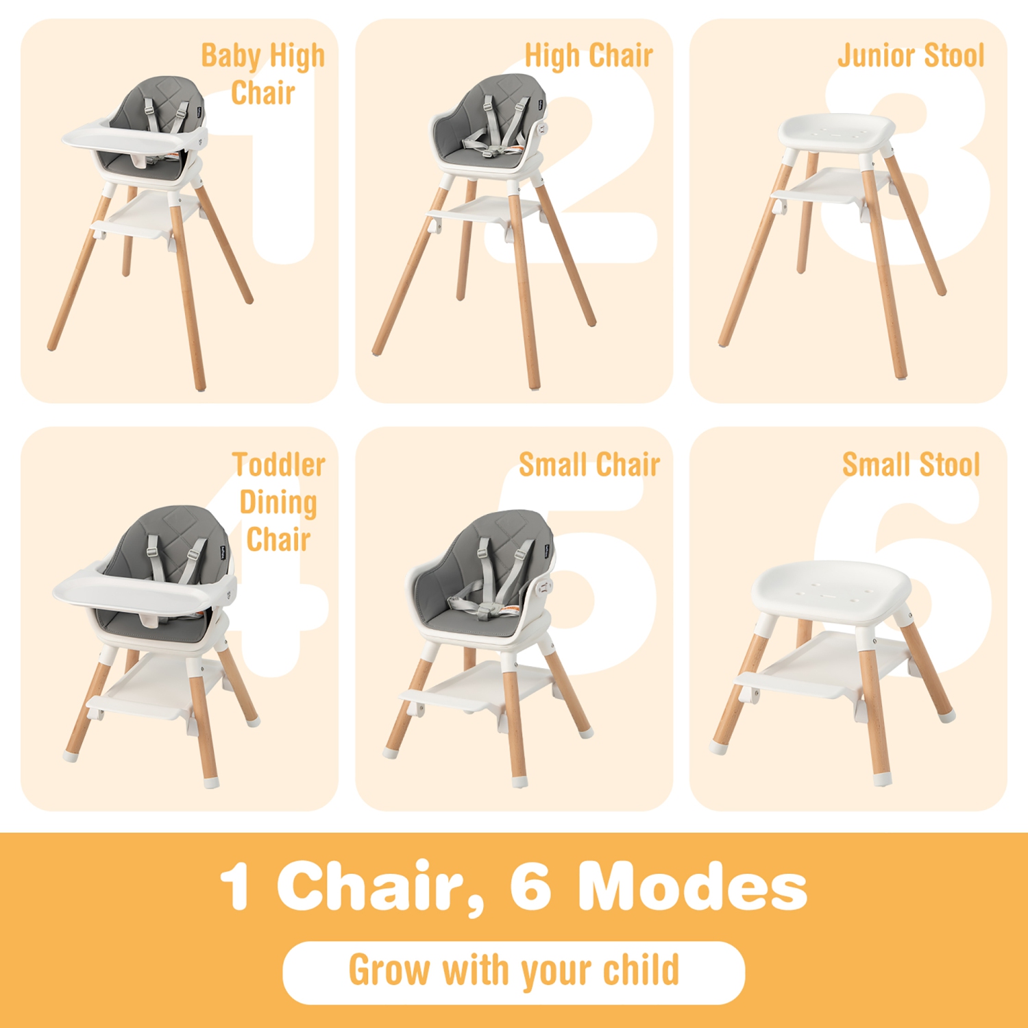 Costway 6-in-1 Convertible Wooden Baby Highchair Infant Feeding Chair with Removable Tray