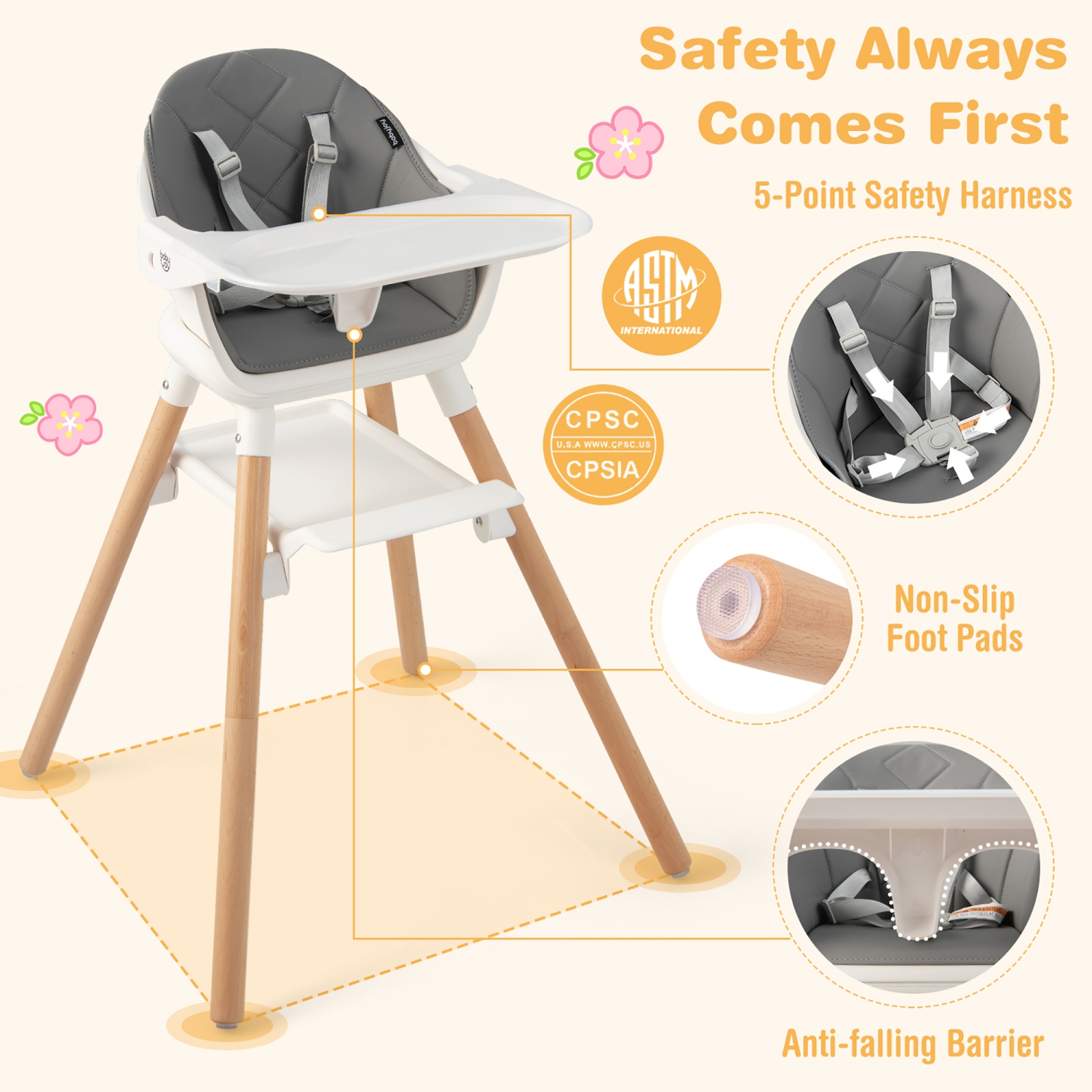 Costway 6-in-1 Convertible Wooden Baby Highchair Infant Feeding Chair with Removable Tray