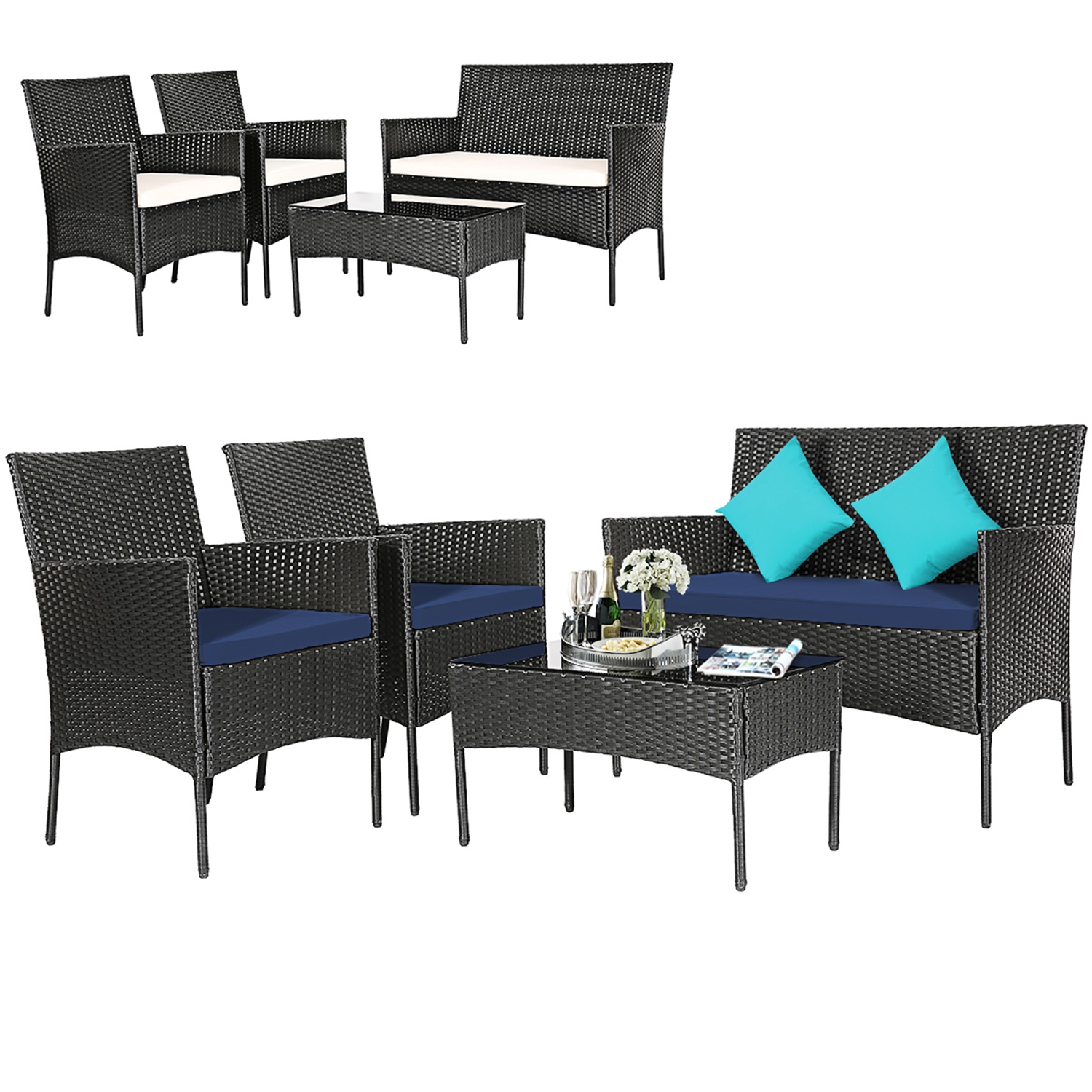 Costway 4PCS Patio Wicker Furniture Set Coffee Table Cushions w/Off White&nbsp;&&nbsp;Navy&nbsp;Cover